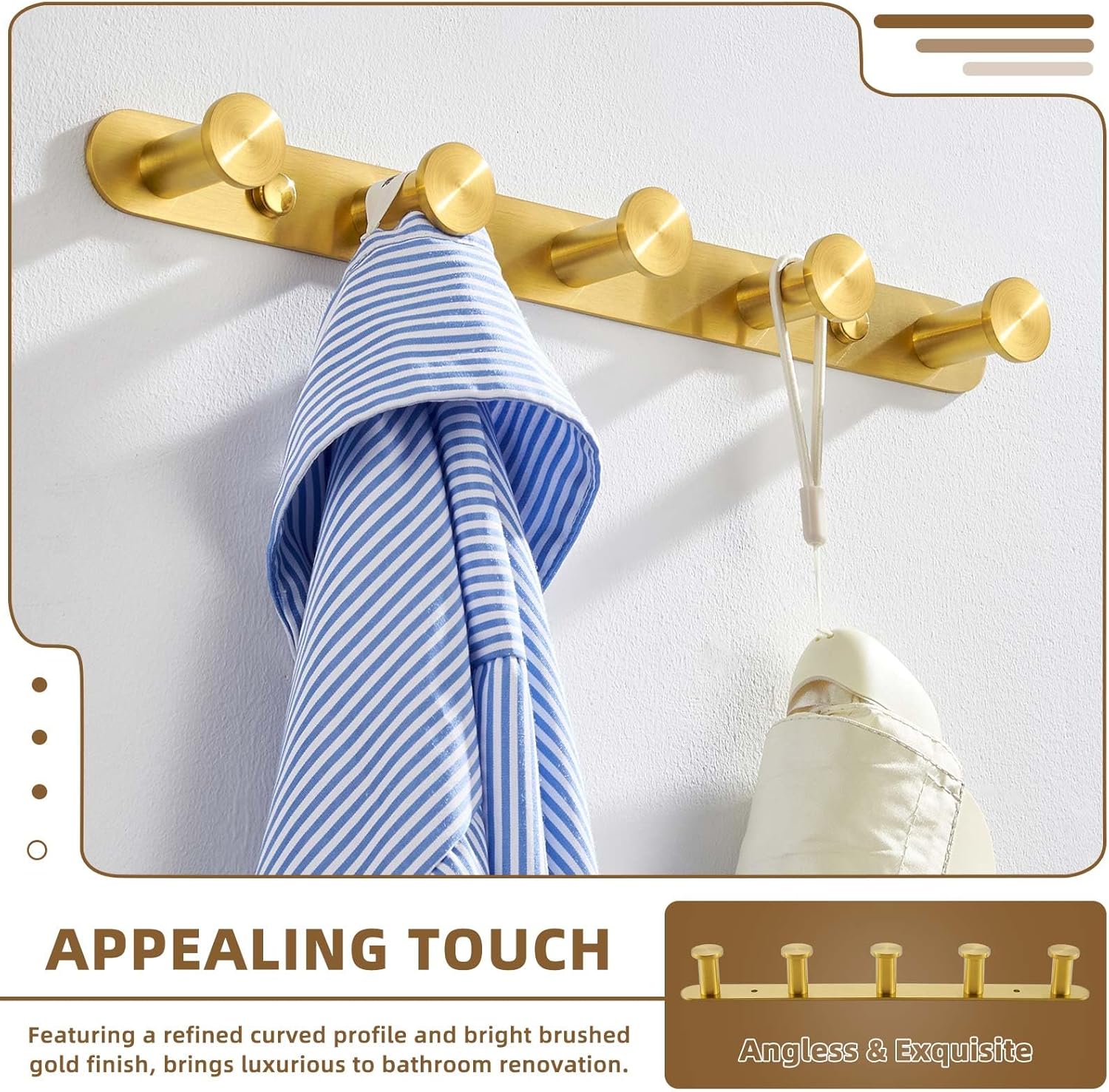 Brushed Gold Stainless Steel Wall Mounted Towel Hook Rack