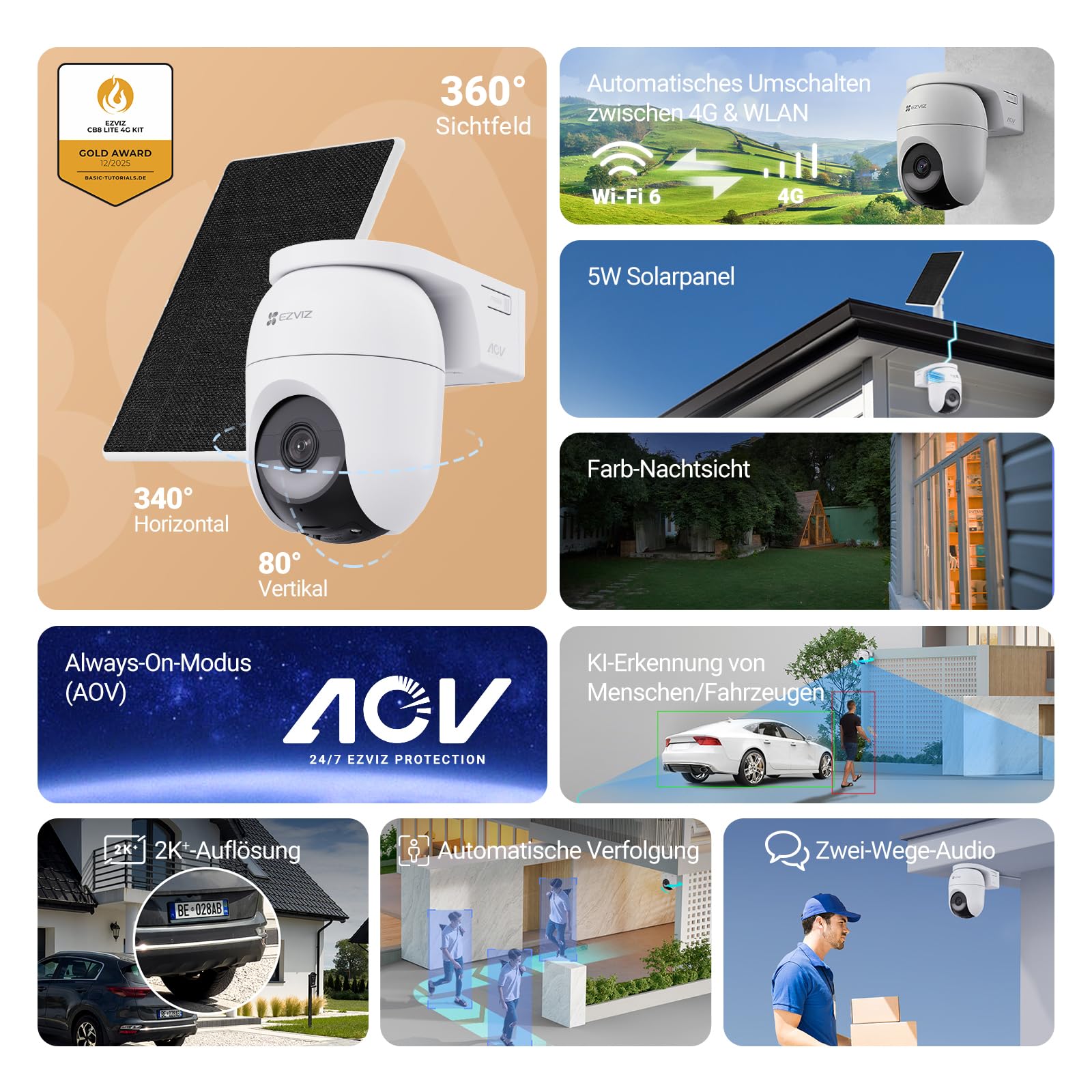EZVIZ 4G LTE Überwachungskamera Aussen Solar, CB8 Lite 4G mit 5W Solarpanel