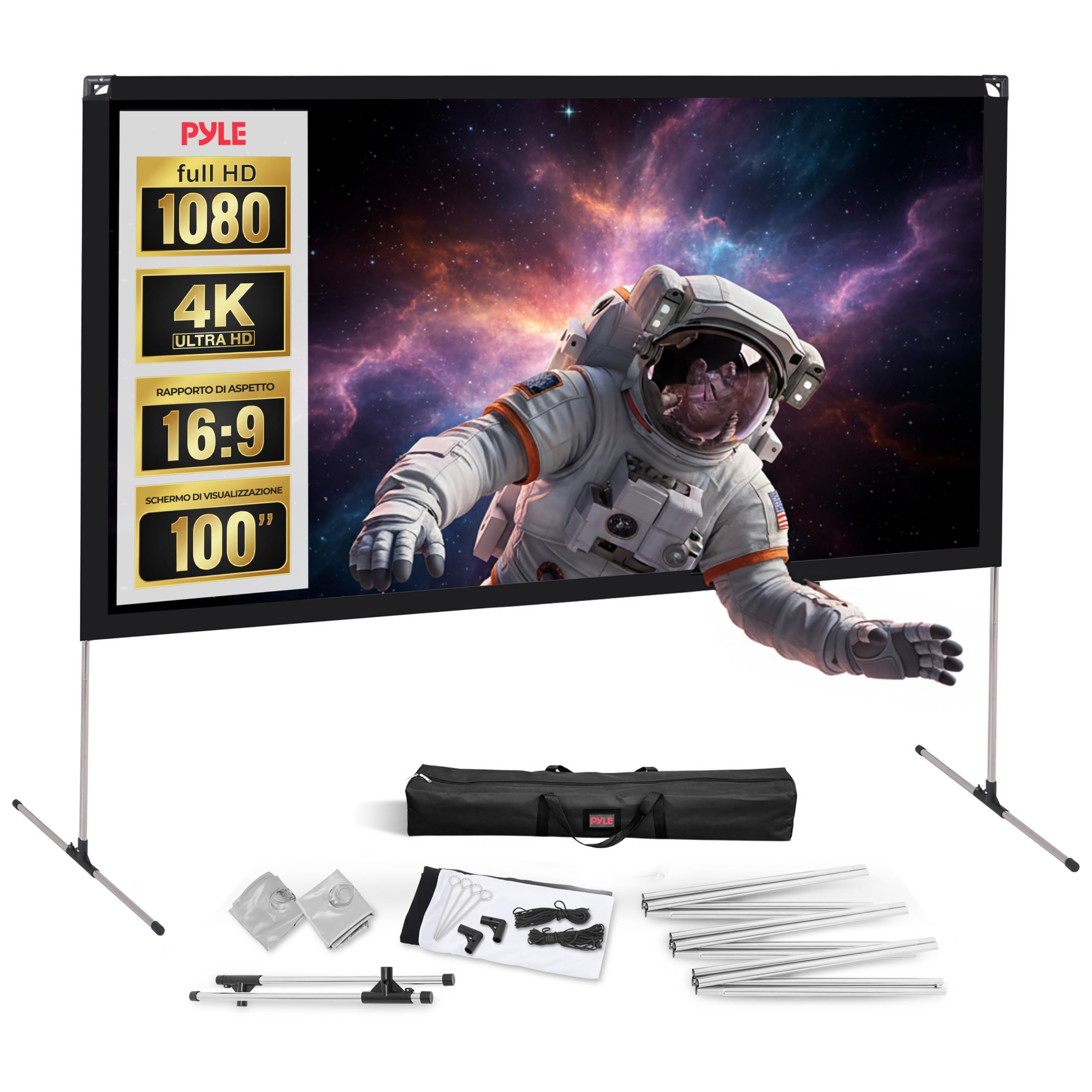 Pyle Telo Proiettore con Supporto, 254 cm 16:9 HD 4K Portatile e Leggero, Autoportante e Pieghevole da Interno/Esterno per Proiettore Home Theater