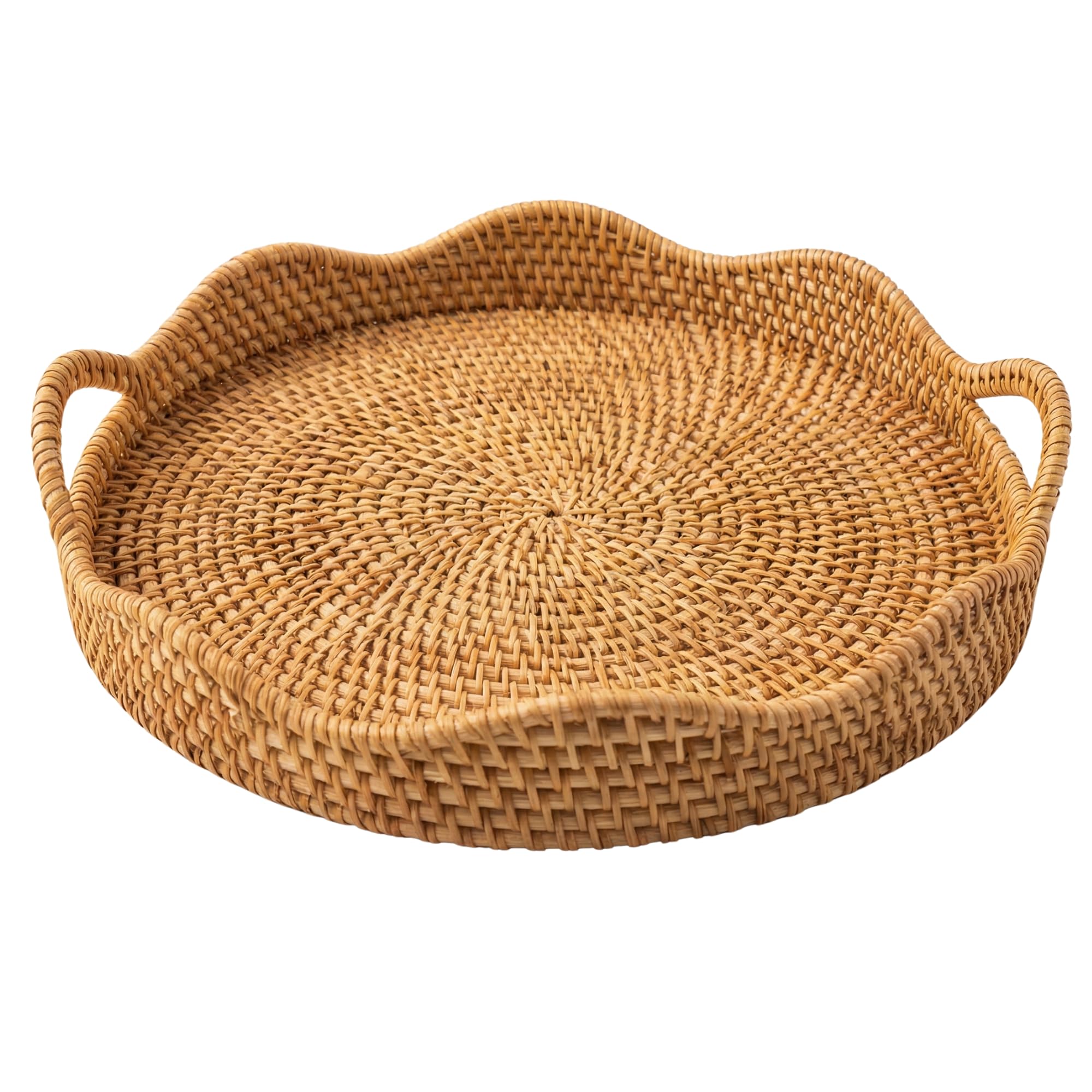 AEIRISSE 14" Round Scalloped Rattan Tray | Handwoven Decorative Tray with Handles for Coffee Table, Ottoman, Bathroom Vanity, Kitchen & Tea Serving –