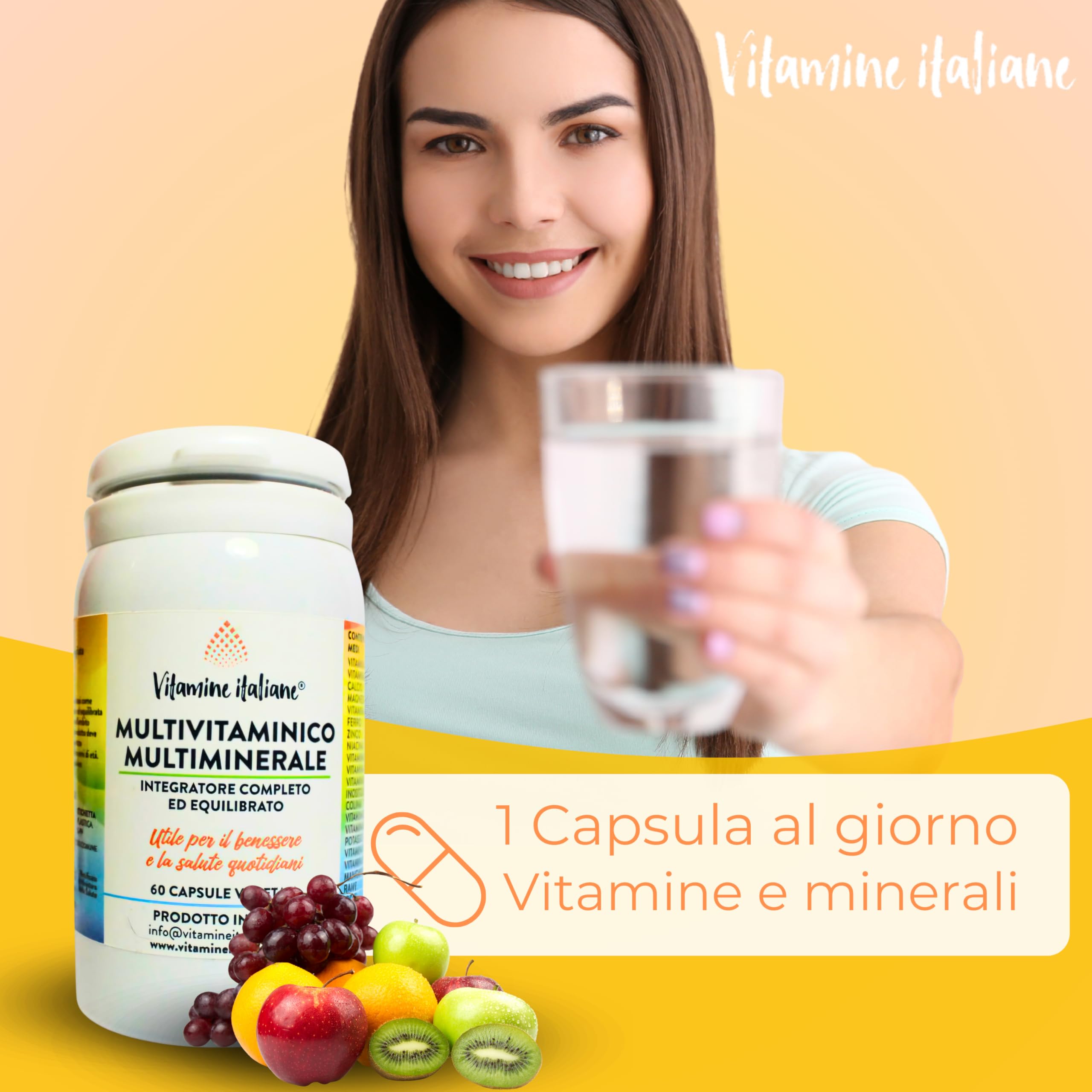 Vitamine Italiane® - Integratore Multivitaminico Completo - a base di Vitamine A, B, C, D, E, H, Zinco, Ferro, Potassio e Acido Folico - Senza Additivi - Made in Italy (60 Capsule (Confesione da 3))