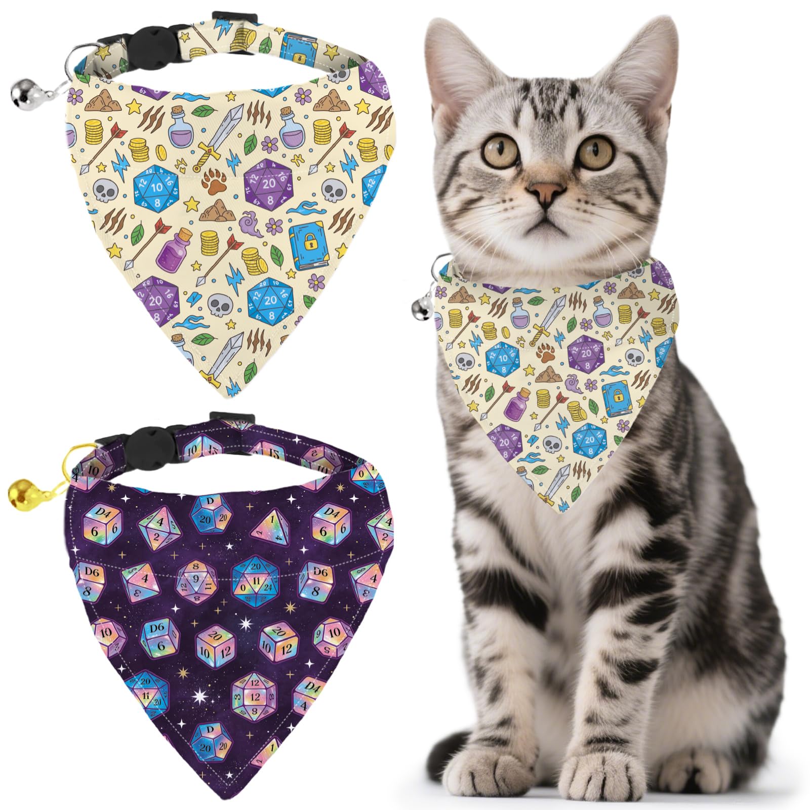 GLOBLELAND 2 Pack Dice Dog Bandana Collar Pet Triangle Bibs with Bell Sword Gold Coins Adjustable Dog Collar Skeleton Cat Collars Scarf for Pets Kittens Puppy Cats Dogs
