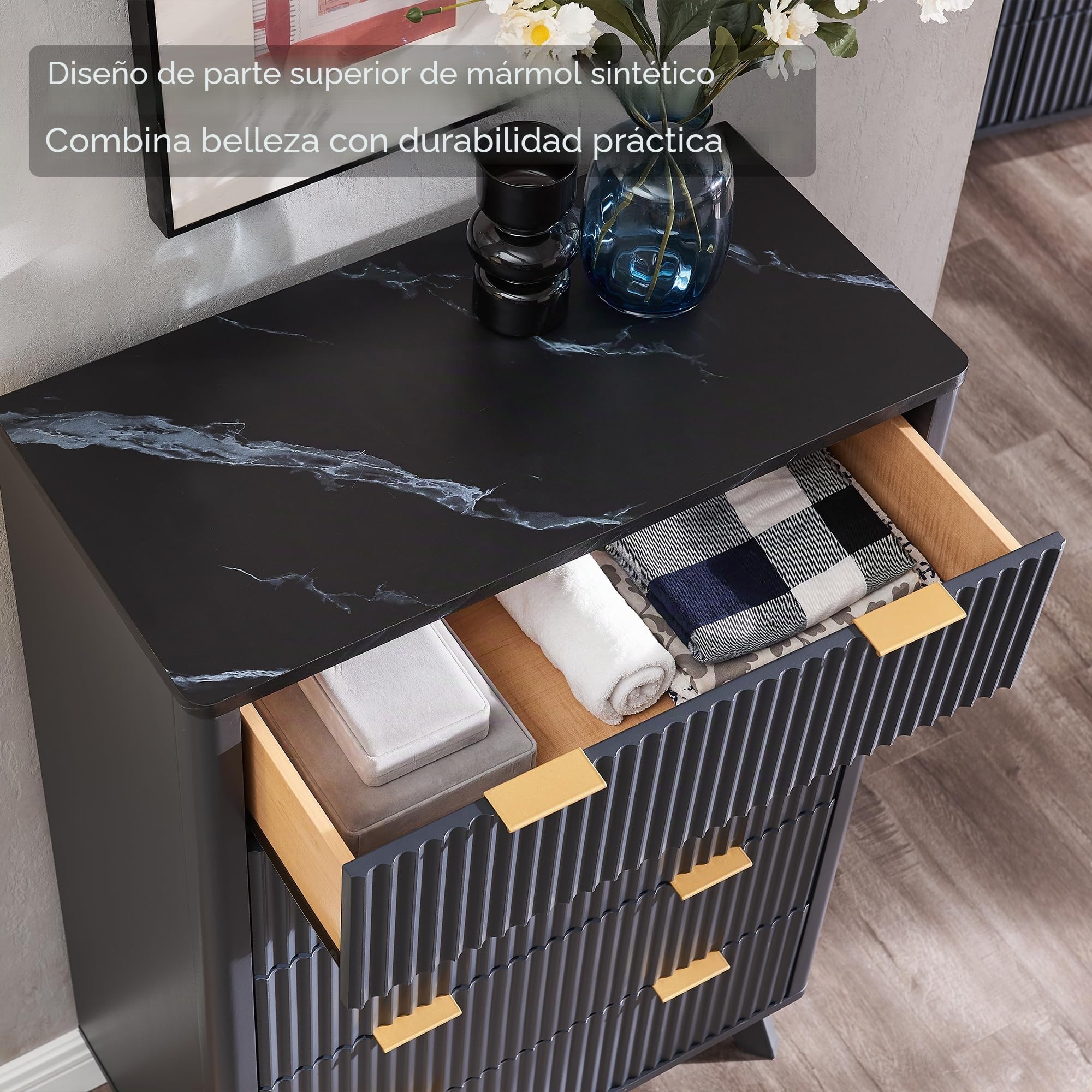 Cajonera de 5 cajones, 122 cm de altura, diseño moderno con surcos, diseño abovedado, con tablero de melamina efecto mármol, aparador para dormitorio y sala de estar, color gris oscuro