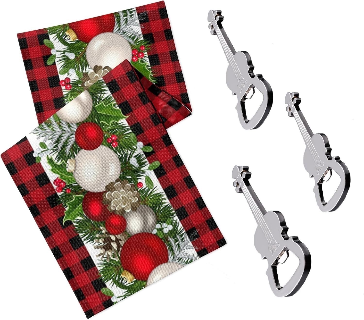 EmolyLife - Pack 4 pzas- Camino de Mesa con Estampado navideño Enmarcado en Tela a Cuadros búfalo Negro y Rojo (183 x 33 cm) con Tres abridores Estilo Guitarra- Decoración Navideña.