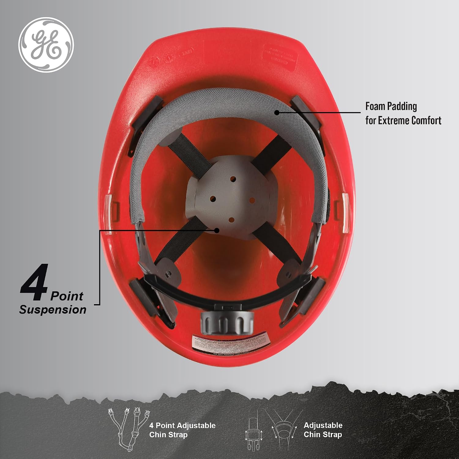 GE Cap Style Hard Hat, 4-Point Ratchet Suspension, Earmuff Slots, High Impact Resistant, Sweat-Wicking Sweatband, Meets ANSI Z89.1-2014, Comfortable and Durable - Red, Class E (Non-Vented)