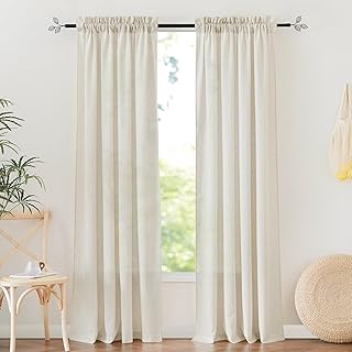 RYB HOME Faux Linen Curtains for Living Room, Semi Sheer Drapes with Rod...