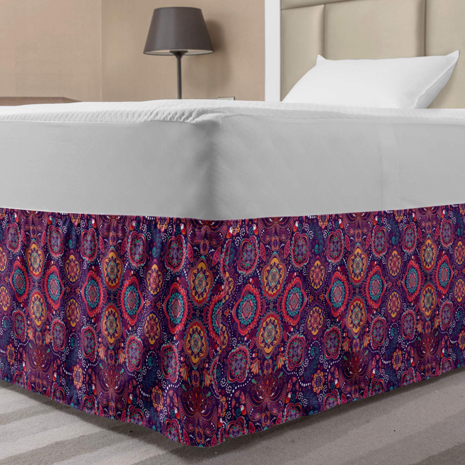 Lunarable Batik Bedskirt Eastern Droplet-Shaped Paisley Inspired Traditional Forms Vivid Colors Image Bedroom Decor Wrap Around Elastic Bed