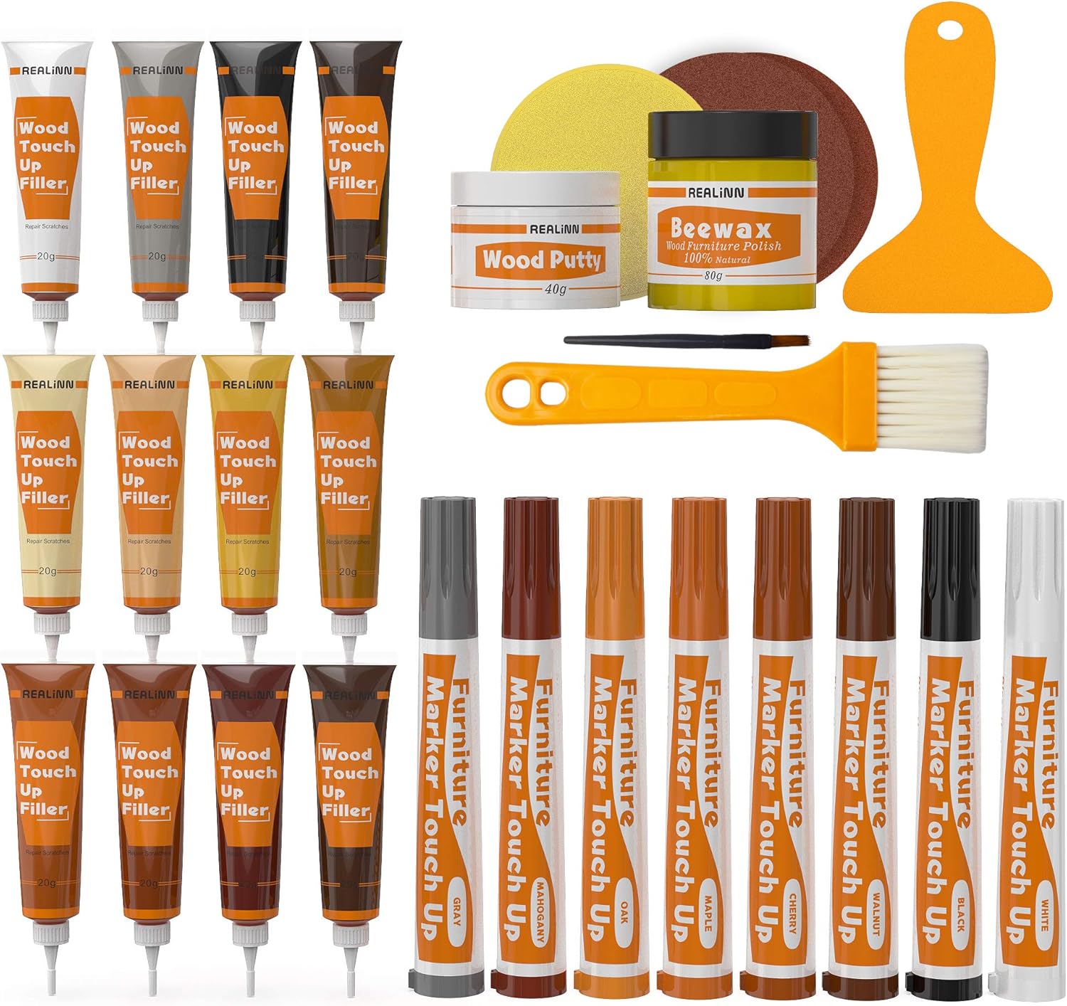 REALINN Wood Furniture Repair Kit- Set of 28 - Touch Up Markers