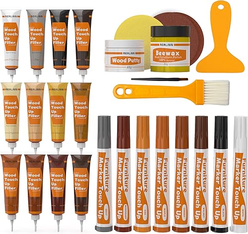 REALINN Kit de reparación de muebles de madera, juego de 28 marcadores de retoque, rellenos con masilla de madera, reparación de arañazos, grietas,