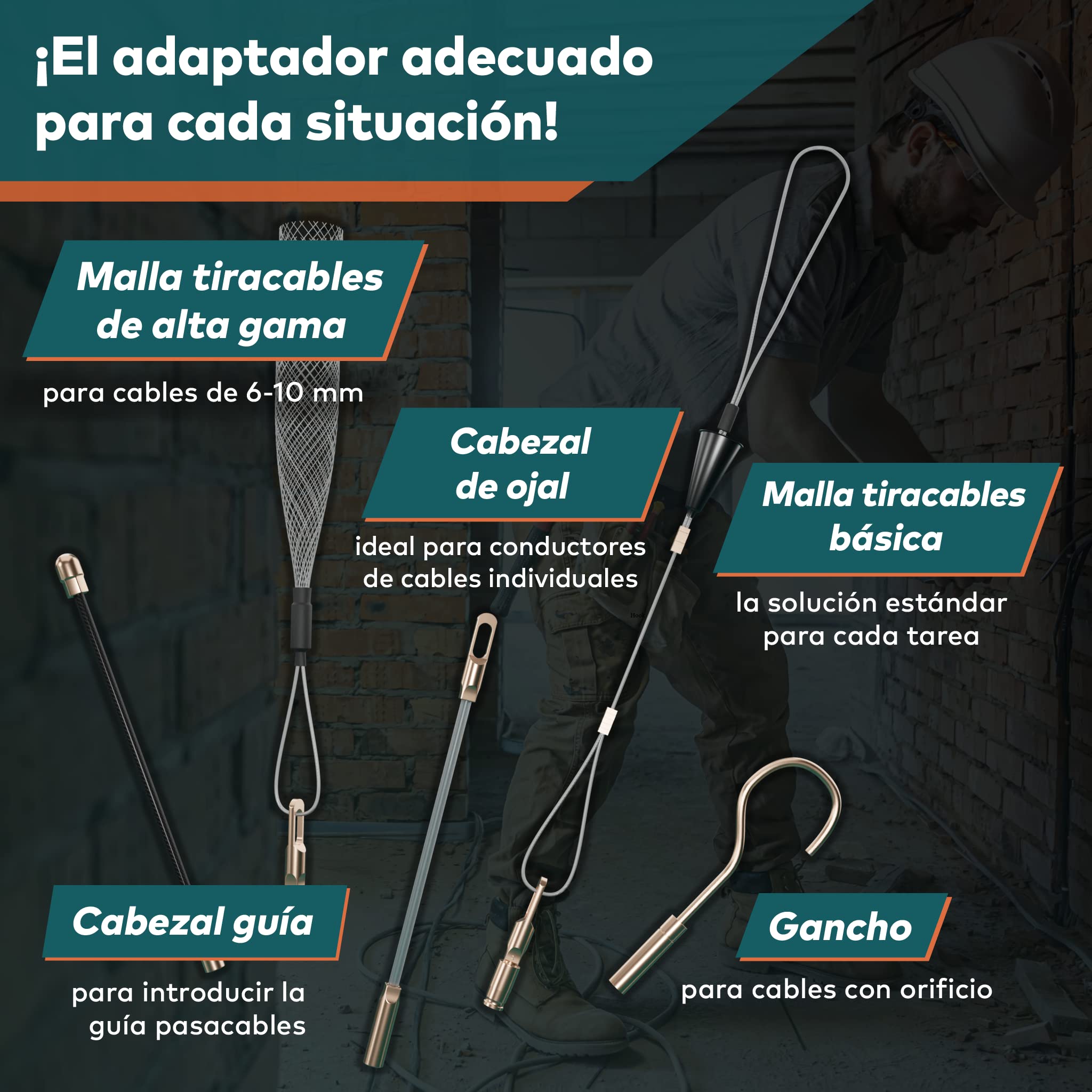 La sofisticada guia pasacables 30 M para tubos huecos de FAIRMO - Guia pasacables profesional PET de 4 mm incl. 5 cabezales - Guía pasacables resistente - Para trabajar eficazmente
