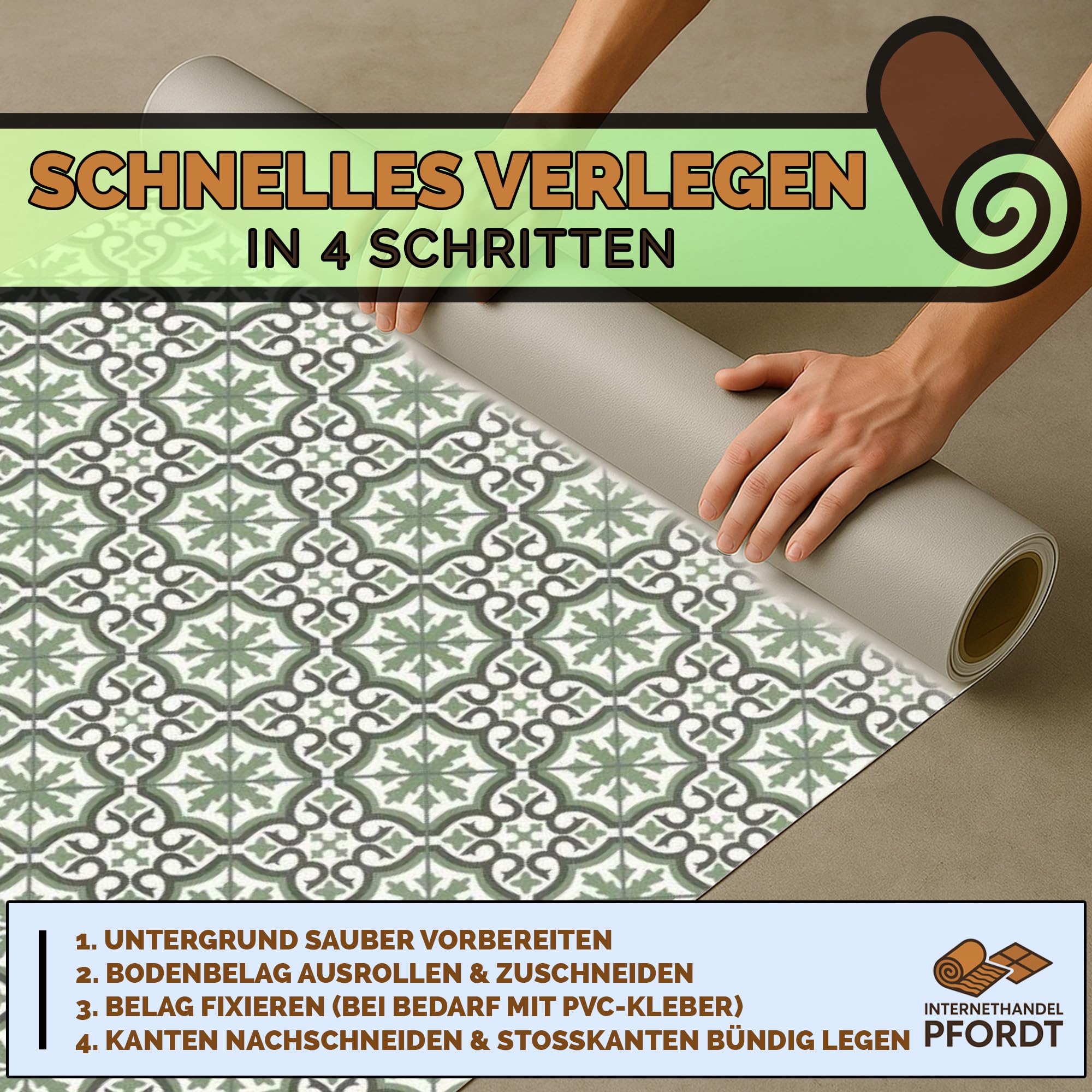 CV Bodenbelag Retro Fliese Grün, 500x200 cm, pflegeleichter PVC Vinylboden in Fliesenoptik, Meterware für Küche und Wohnzimmer