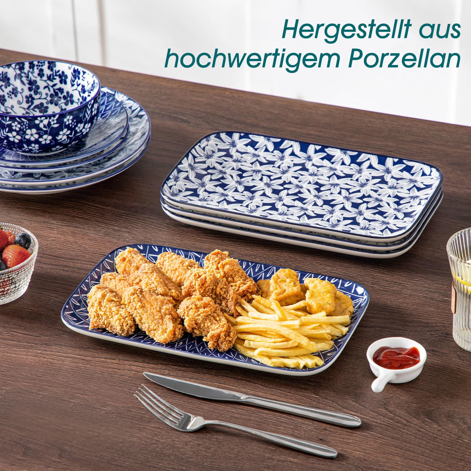 vancasso Servierplatte 4er Set, SELENE Servierteller Groß, Serviertablett Rechteckig aus Porzellan, Teller Set für Partys, Frühstück, Buffets, Snacks, Mikrowellenfest und Spülmaschinenfest, Blau-weiß