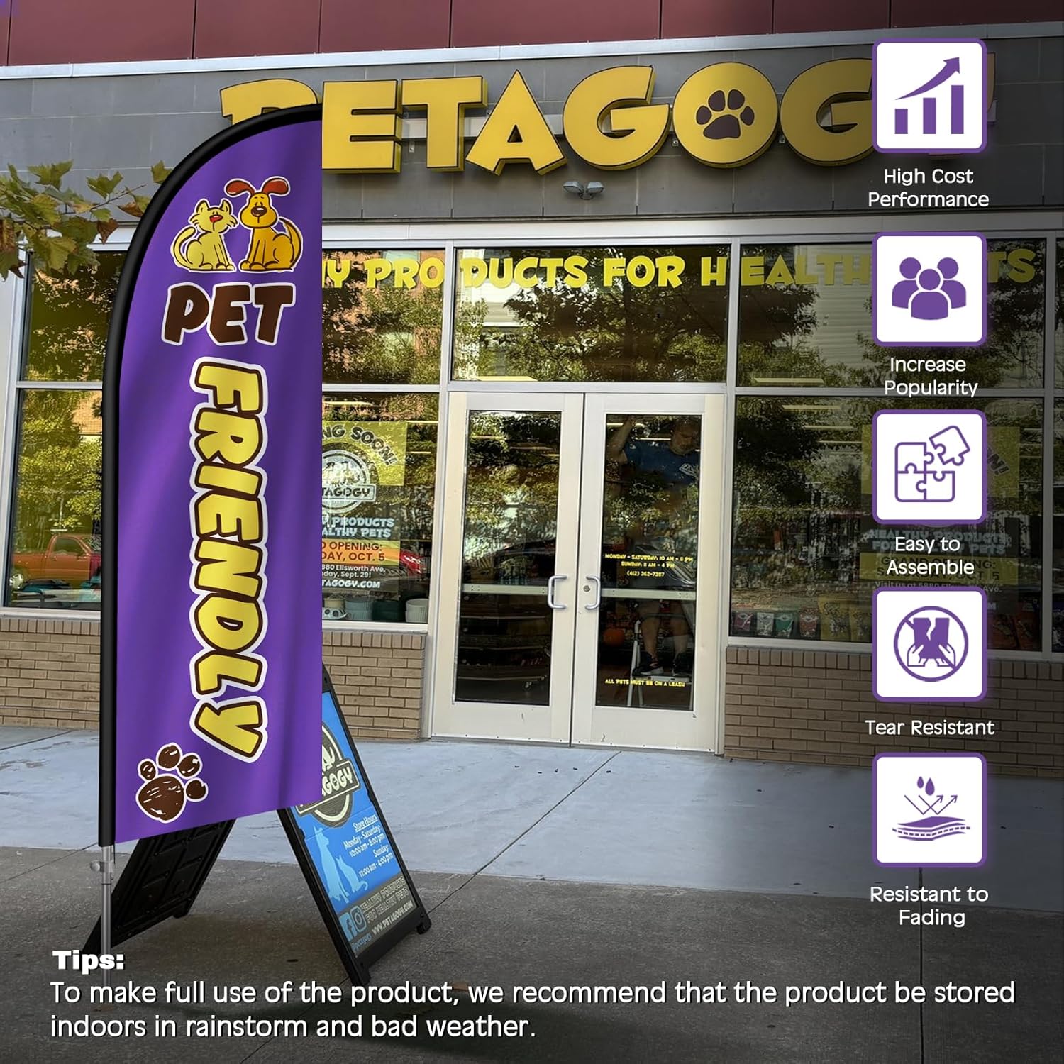 Pet Friendly Flag for Business, Pet Friendly Signs, 8FT Polyester Advertising Swooper Flag with Aluminium Alloy Flag Pole Kit, Stainless Steel, Ground Spike, Portable Bag