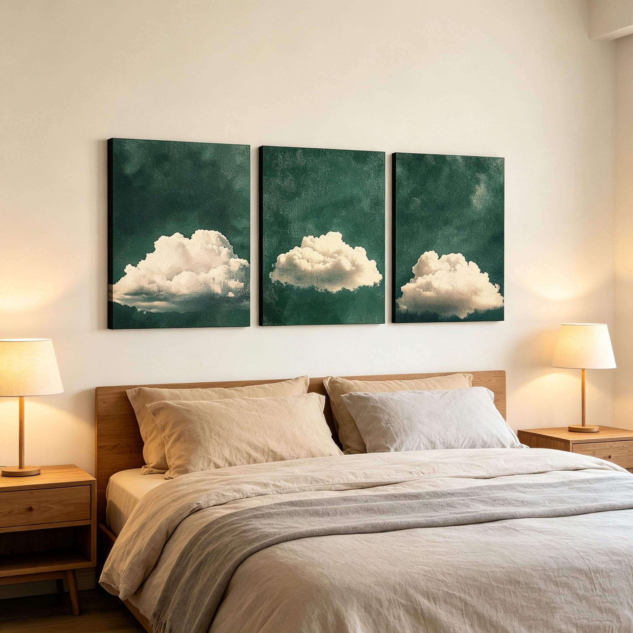 ZPDHBXMV Ensemble de 3 tableaux sur toile représentant des olives vertes flottant dans le ciel avec des nuages blancs, style bohème minimaliste et moderne pour le salon (55 x 75 cm x 3 / avec cadre)