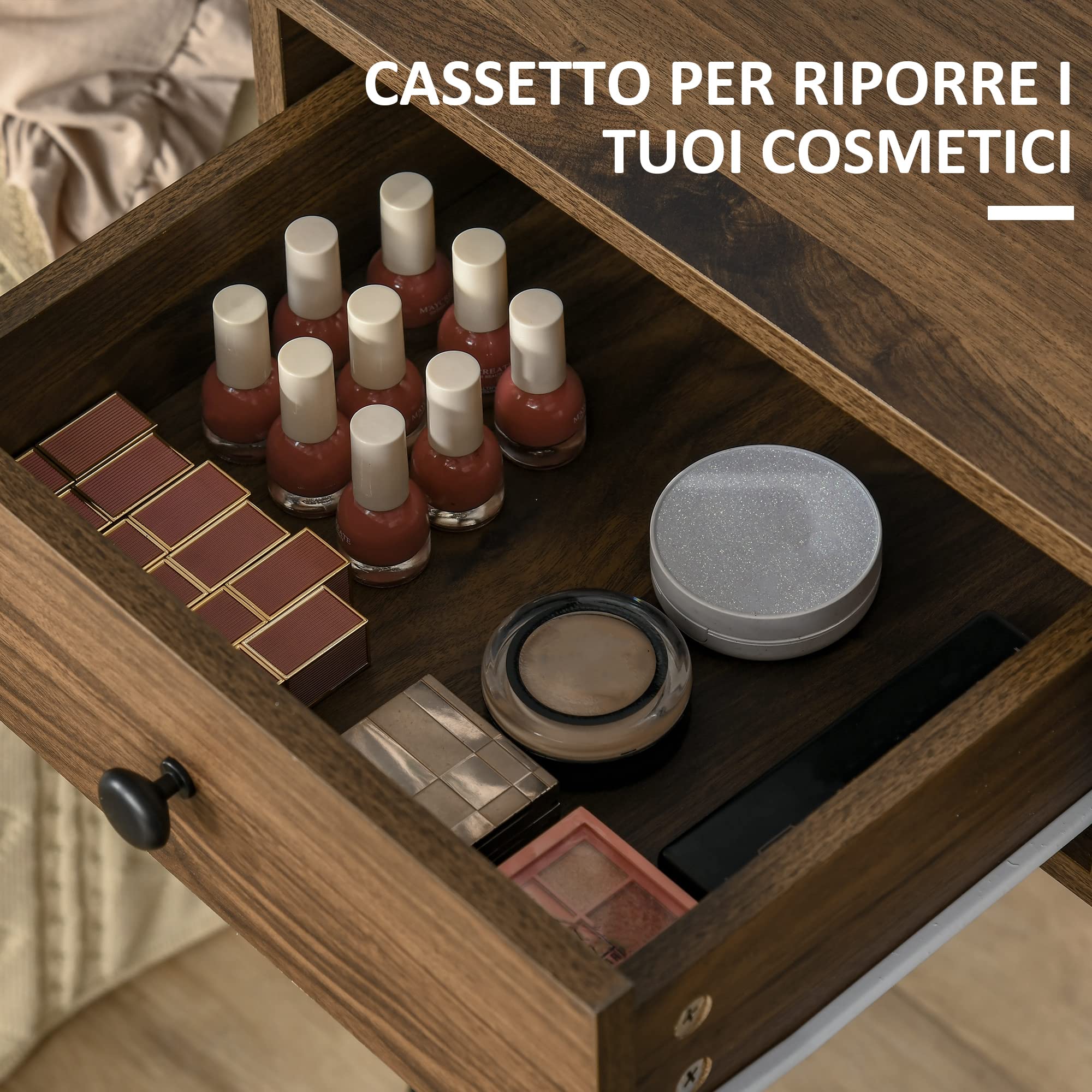 HOMCOM Postazione Trucco in Stile Industriale, Toeletta Trucco in Legno | Con Sgabello e Specchio, Postazione Makeup in Metallo per Camera da Letto