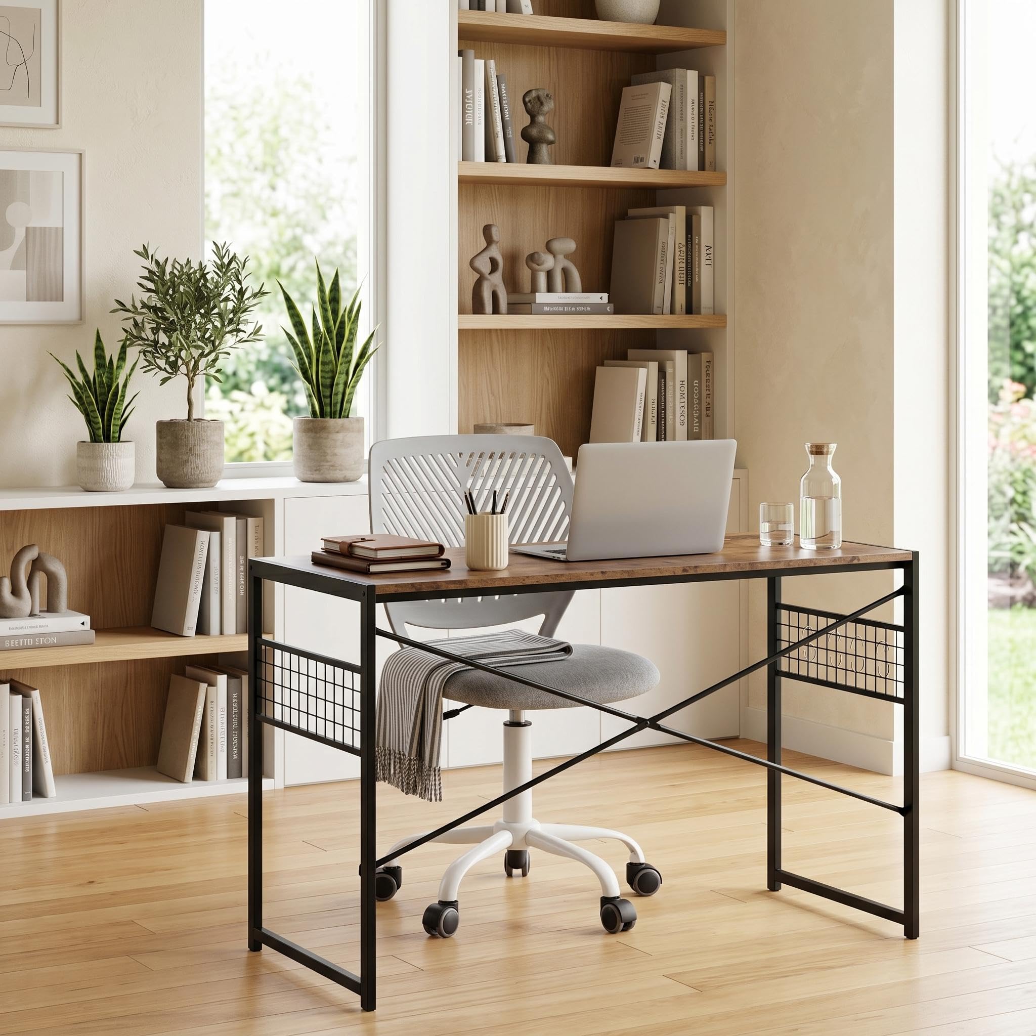 HOMYLIN Bürostuhl & Tisch Set, Study Klapptisch mit Gitter und 8 Haken, Ergonomischer Höhenverstellbarer Drehstuhl, für Jugendliche und Erwachsene (Hellgrau)