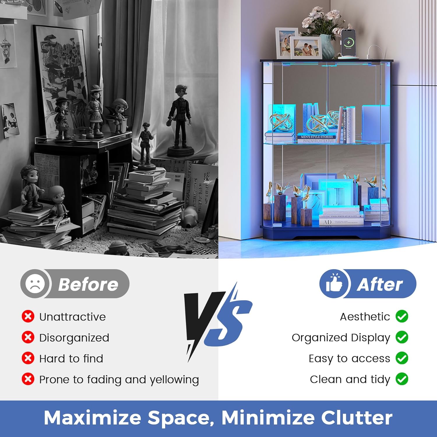 Dystler Corner Display Cabinet with Glass Doors, Small Display Case with 3-Color LED Lights and Charging Station, 2-Tier Curio Cabinet with Storage and Shelf, Black