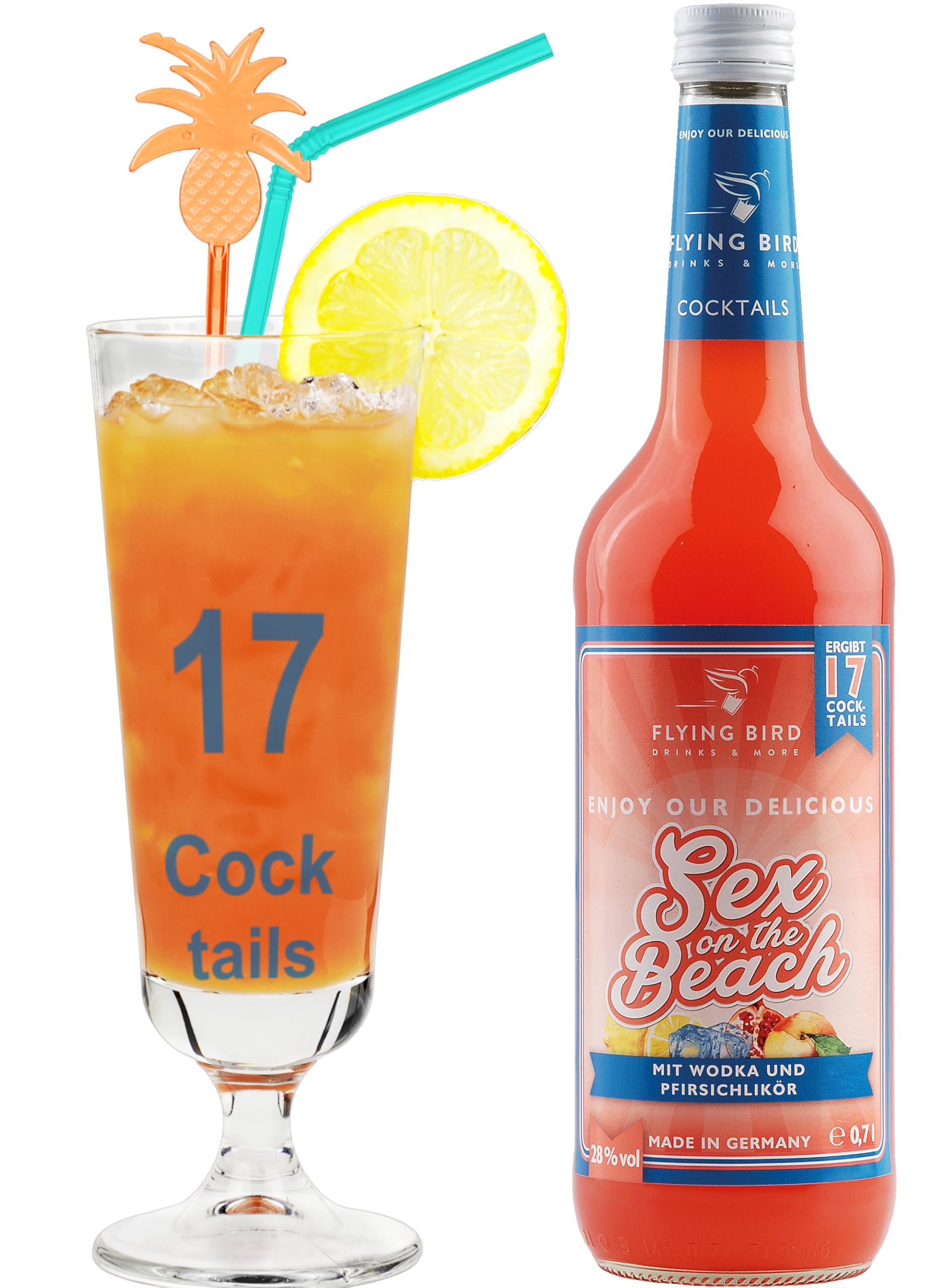 Flying Bird Sex On The Beach für 17 Cocktails fertig gemixt | 0,7l Flasche mit allen Zutaten | Mit Orangensaft mixen