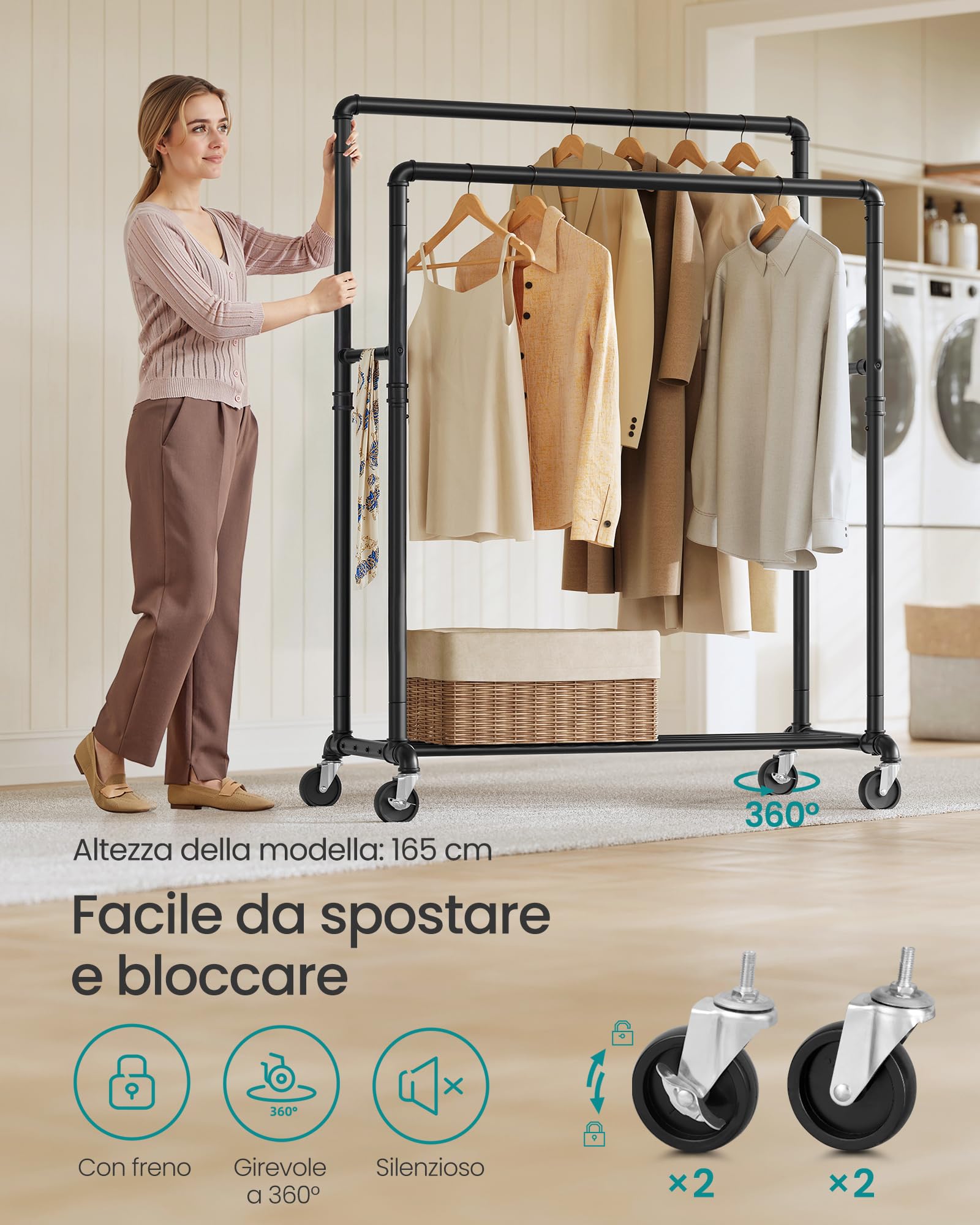 SONGMICS Stand Appendiabiti a Doppia Barra, Struttura in Metallo, 59 x 100 x 162 cm, con Ripiano Portaoggetti e Rotelle, 2 Ruote con Freni, Portata fino a 110 kg, Nero HSR60B