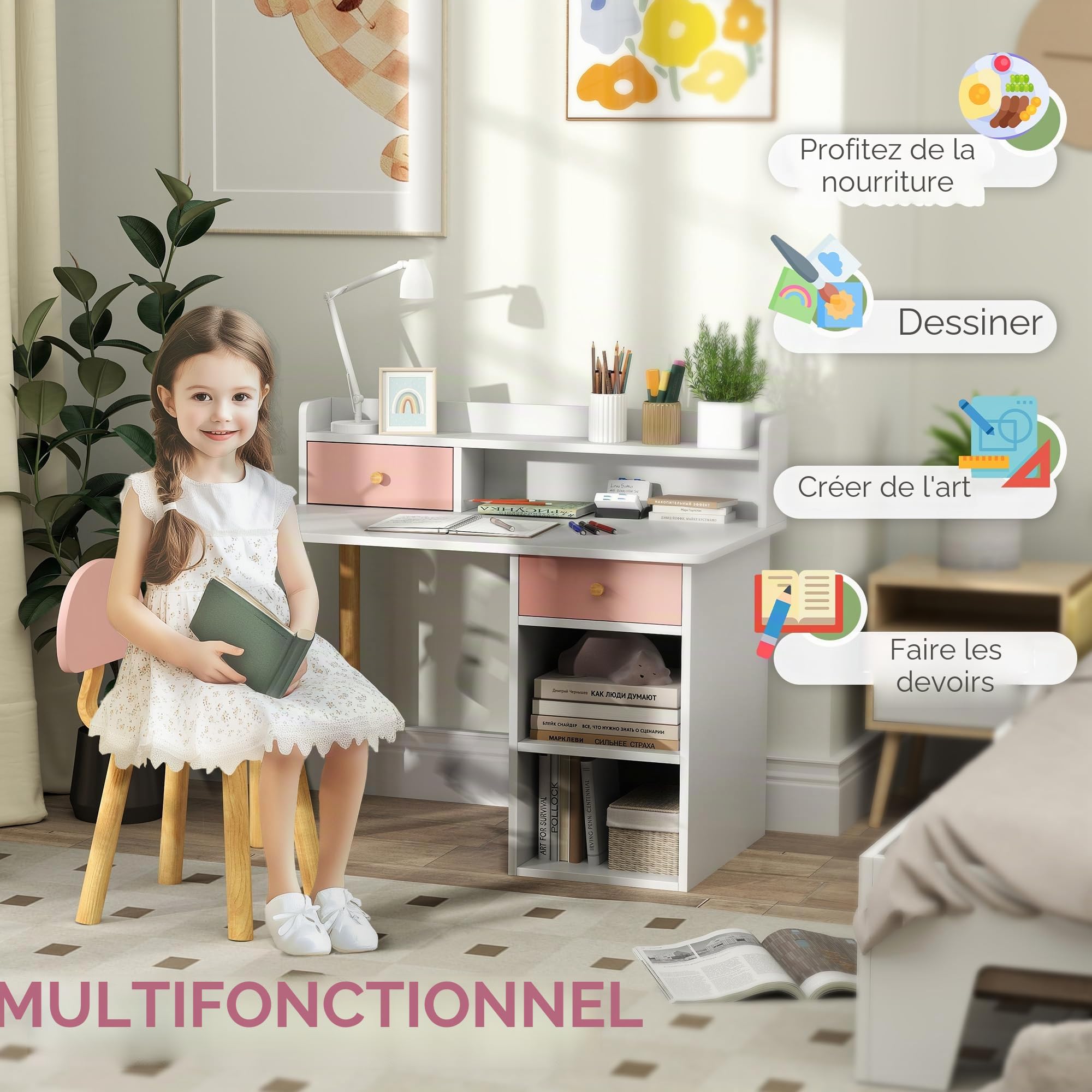 AIYAPLAY Bureau et chaise pour enfants +3 ans avec tiroirs et étagères - Rose et blanc