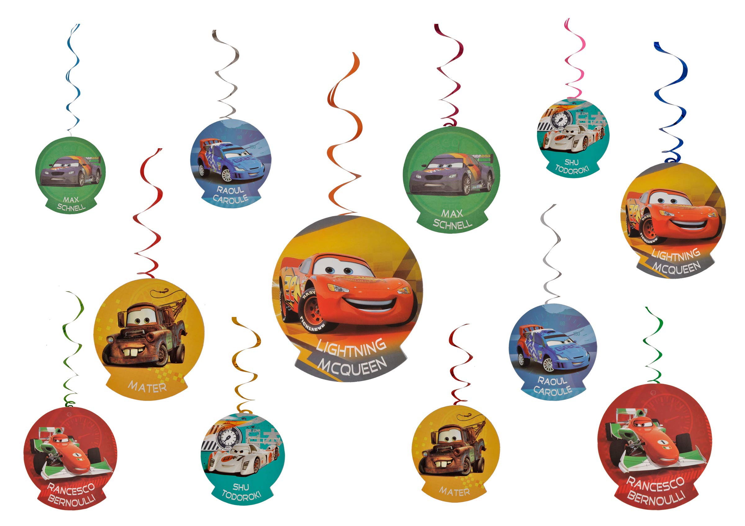 wp wanna party car theme swirl decoration,car spiral hanging decoration, race car birthday party supplies, multi coloured car cut-outs, party supplies, for boys home ceiling wall decor pack of 12