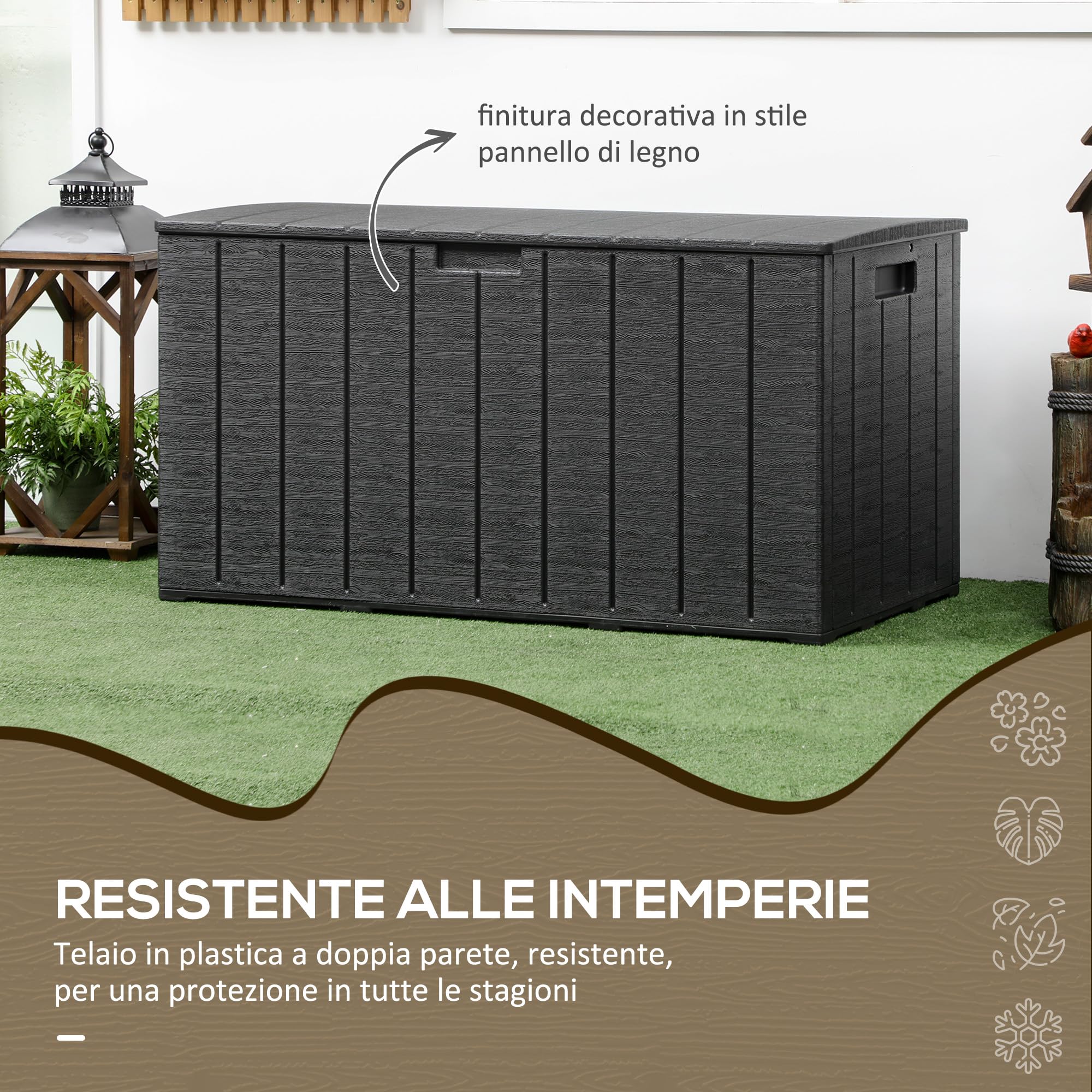 Outsunny Baule da Esterno da 366L Effetto Legno con Coperchio a Doppia Leva, 2 Maniglie e 2 Rotelle, Cassapanca Contenitore da Esterno in Plastica, 122.4x62x64.5 cm, Nero