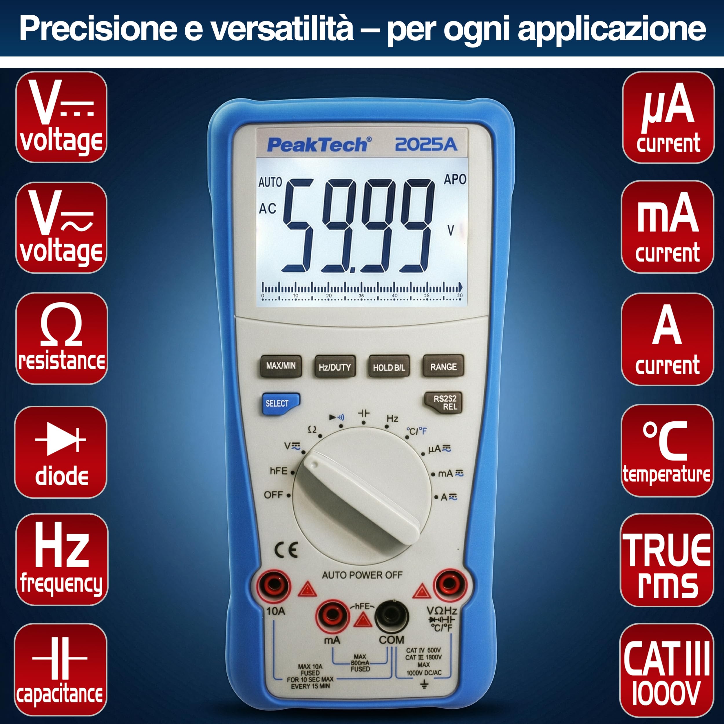 PeakTech® P 2025 A Multimetro digitale a vero valore efficace ~ 6.000 conteggi ~ 1000V AC/DC ~ 10A AC/DC ~ Auto-Range