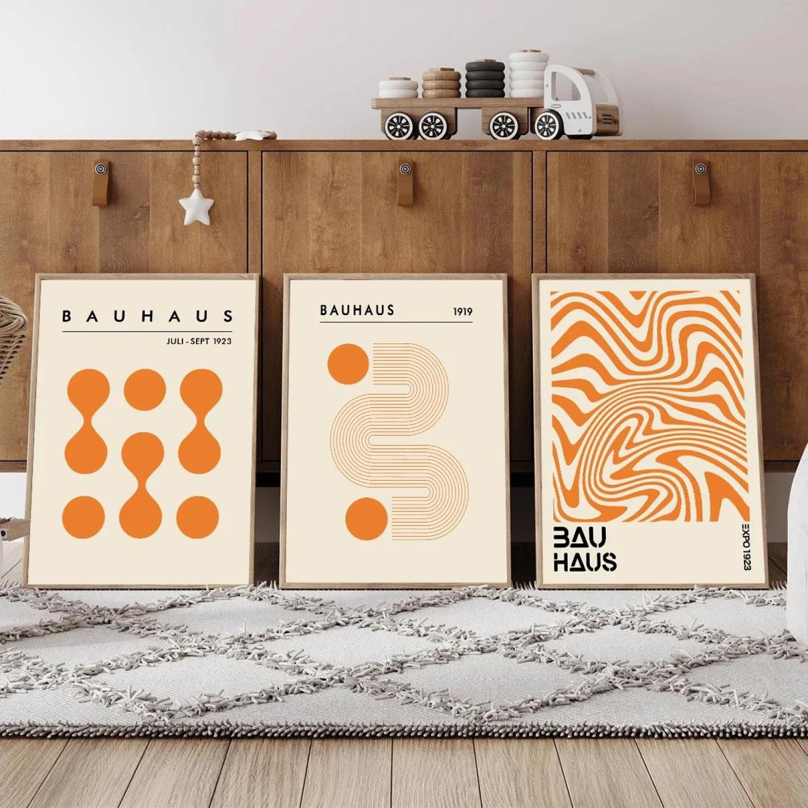 Baibexing 3Pcs Abstract Orange Bauhaus Art Poster Print Canvas Painting Minimalist Geometric Exhibition Wall Art Home Decor 60X80Cmx3Pcs Unframed