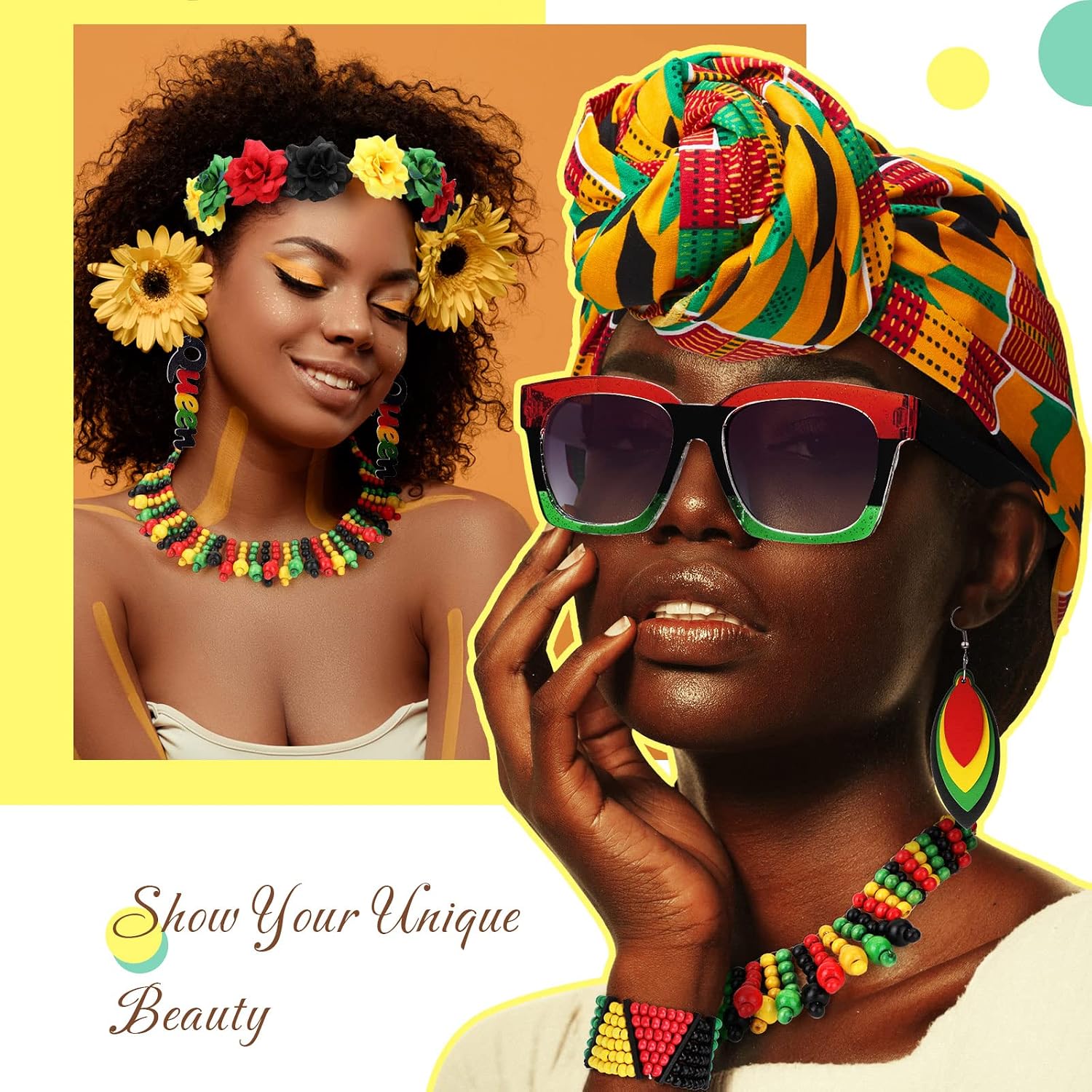 11 Pcs Women's Juneteenth Jewelry Set, African Queen Wooden Dangle Earrings Jamaican Rasta Beaded Bracelet Necklace Black Red Green Yellow Flower Crown Headband Square Sunglasses African Turban