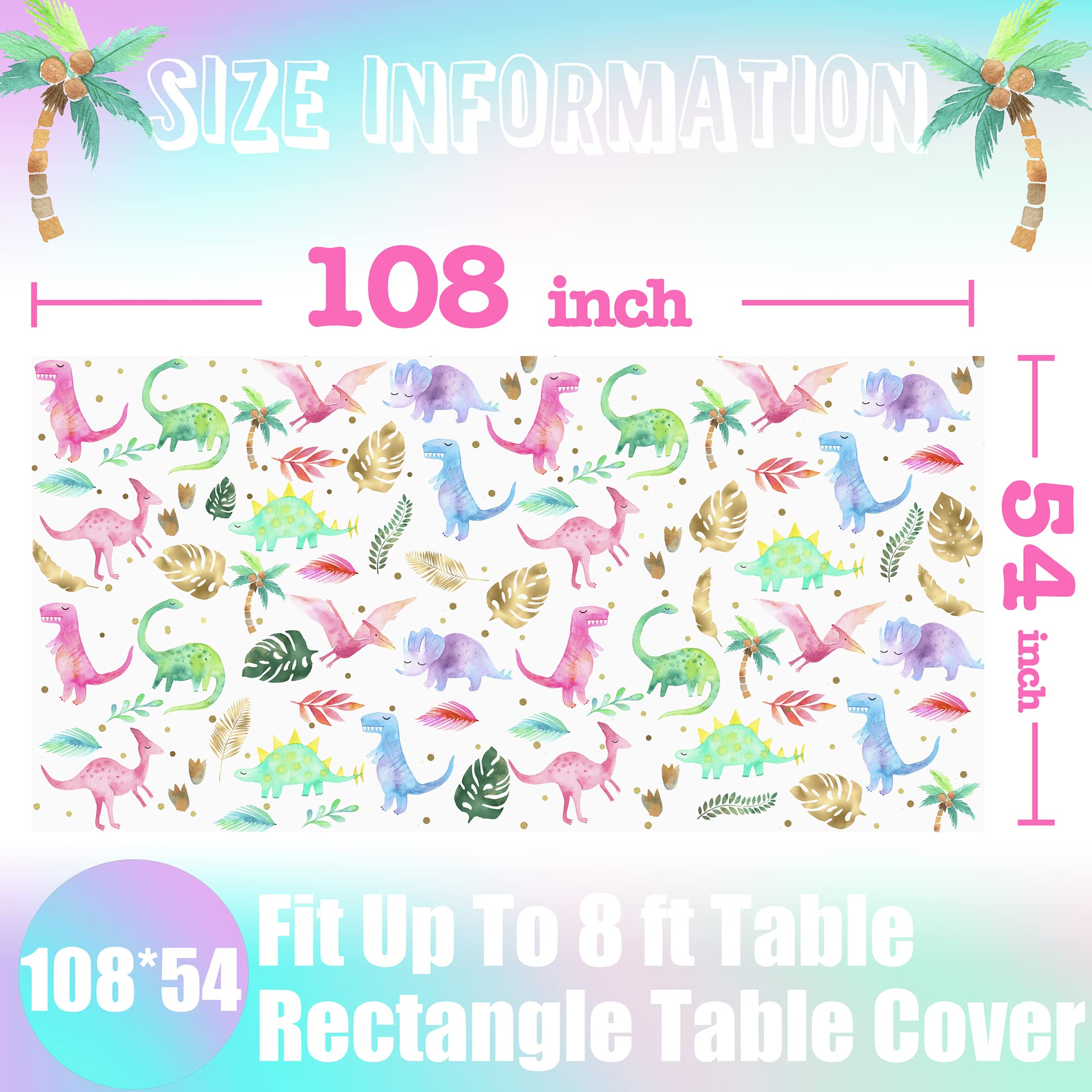 Pink Dinosaur Birthday Tablecloth (3 Pack) - Disposable Plastic Table Cover For Girls Party Decor