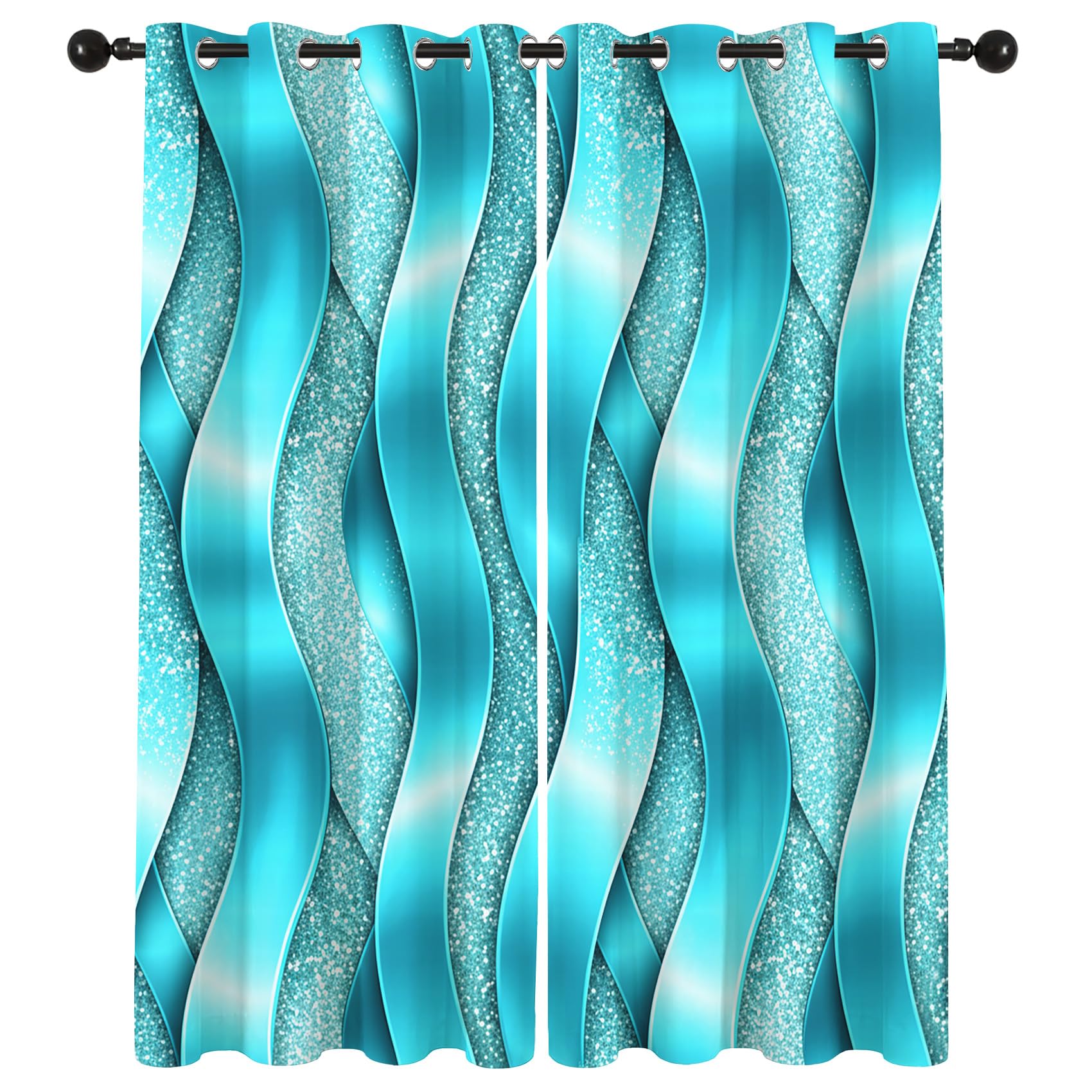 Türkis Glitzer Vorhänge Blickdicht Gardinen mit ösen Wellenmuster Metallic Optik Vorhang 200 cm Lang Verdunklungsvorhänge für Schlafzimmer Wohnzimmer Fenster Thermovorhang 2er Set