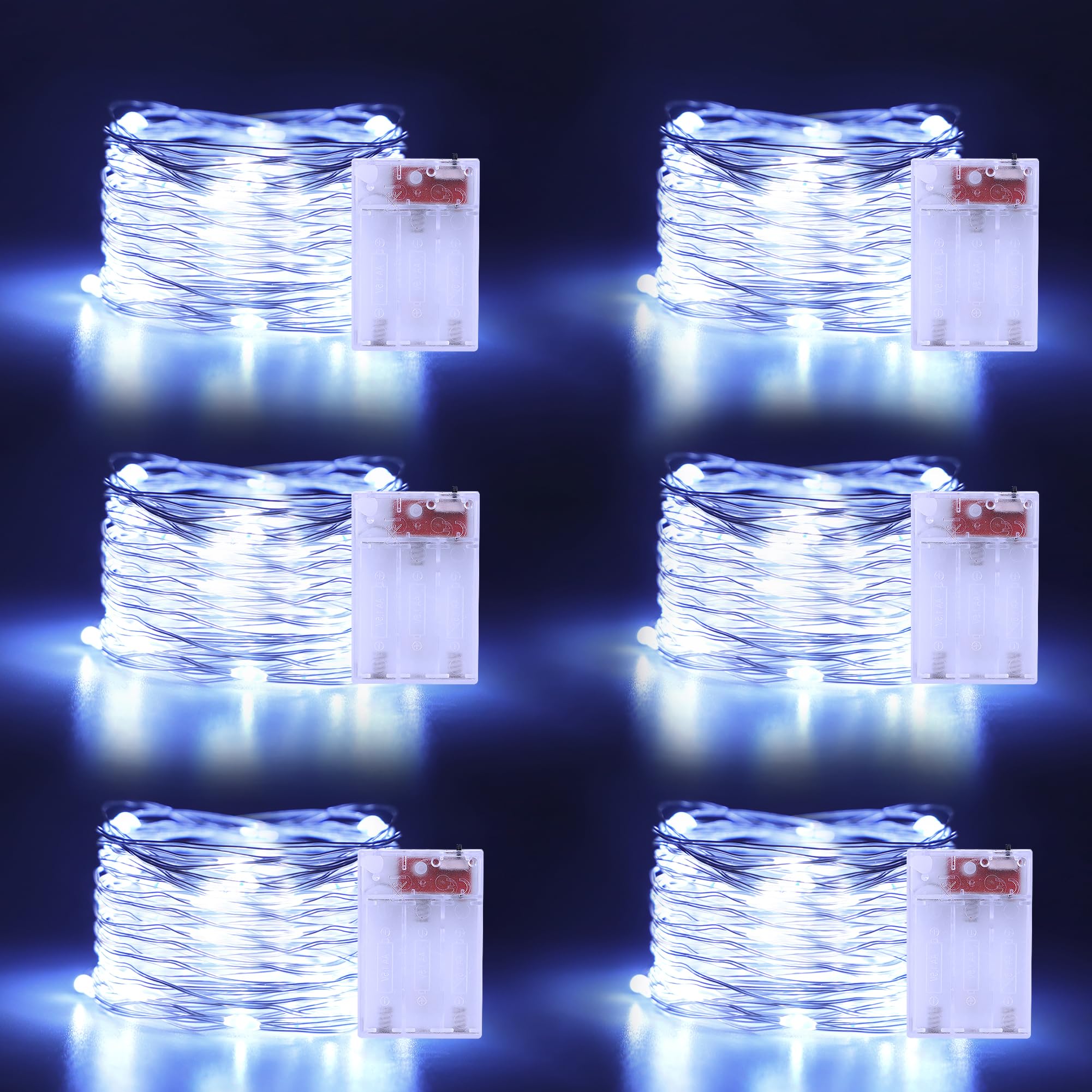 Christmas White Fairy Lights Battery Operated 6 Pack 16.4Ft 50 LEDs Silver Copper Wire Twinkle Lights for Halloween Christmas Bedroom Indoor Outdoor Wedding Dorm Parties Holiday Yard Decorations