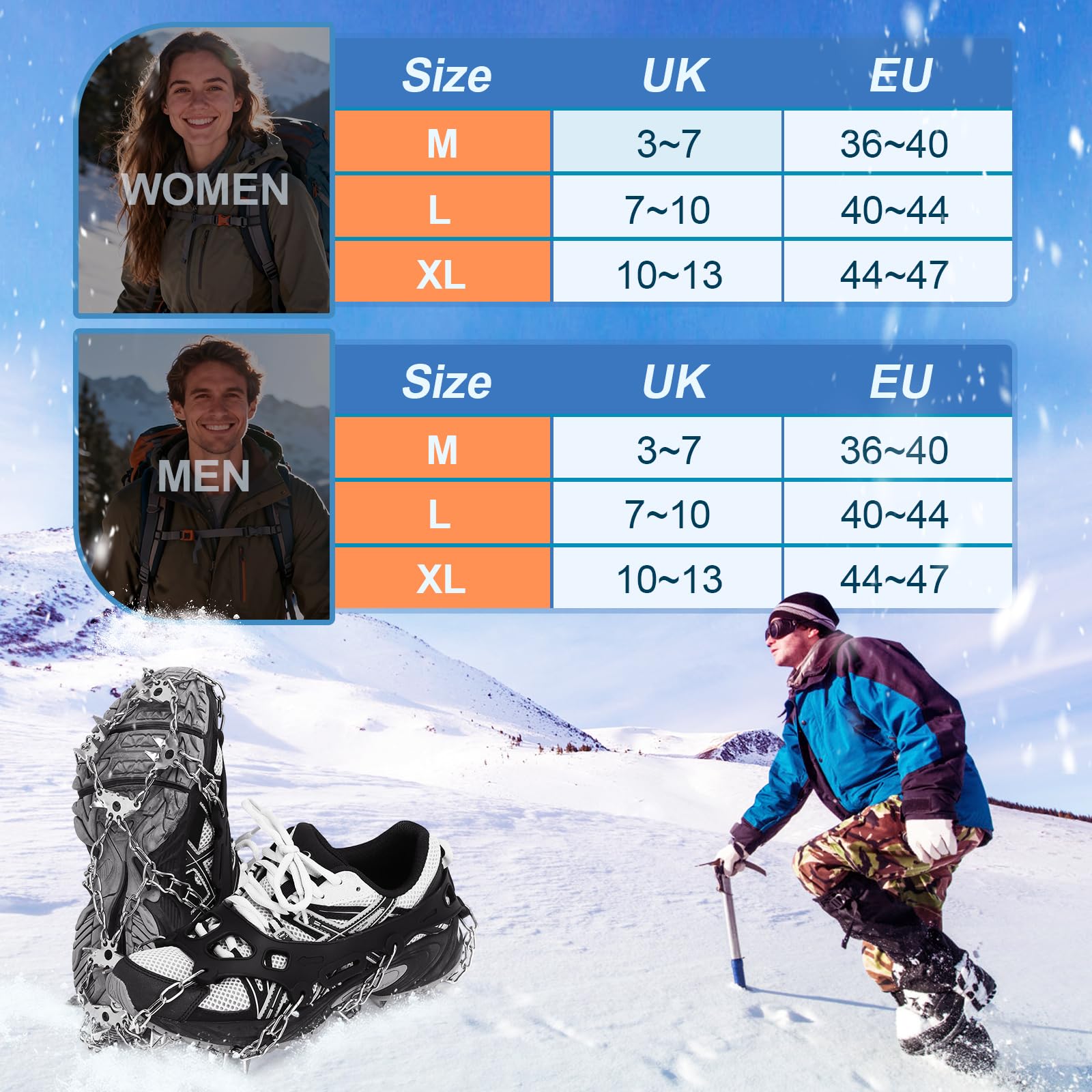 TOMSHOO Crampones 32 Dientes Nieve y Hielo Tacos de Tracción, Crampones con Cadena de Acero Inoxidable Antidesilisantes, para Montañismo Senderismo Alpinismo Nieve Invierno Deportes