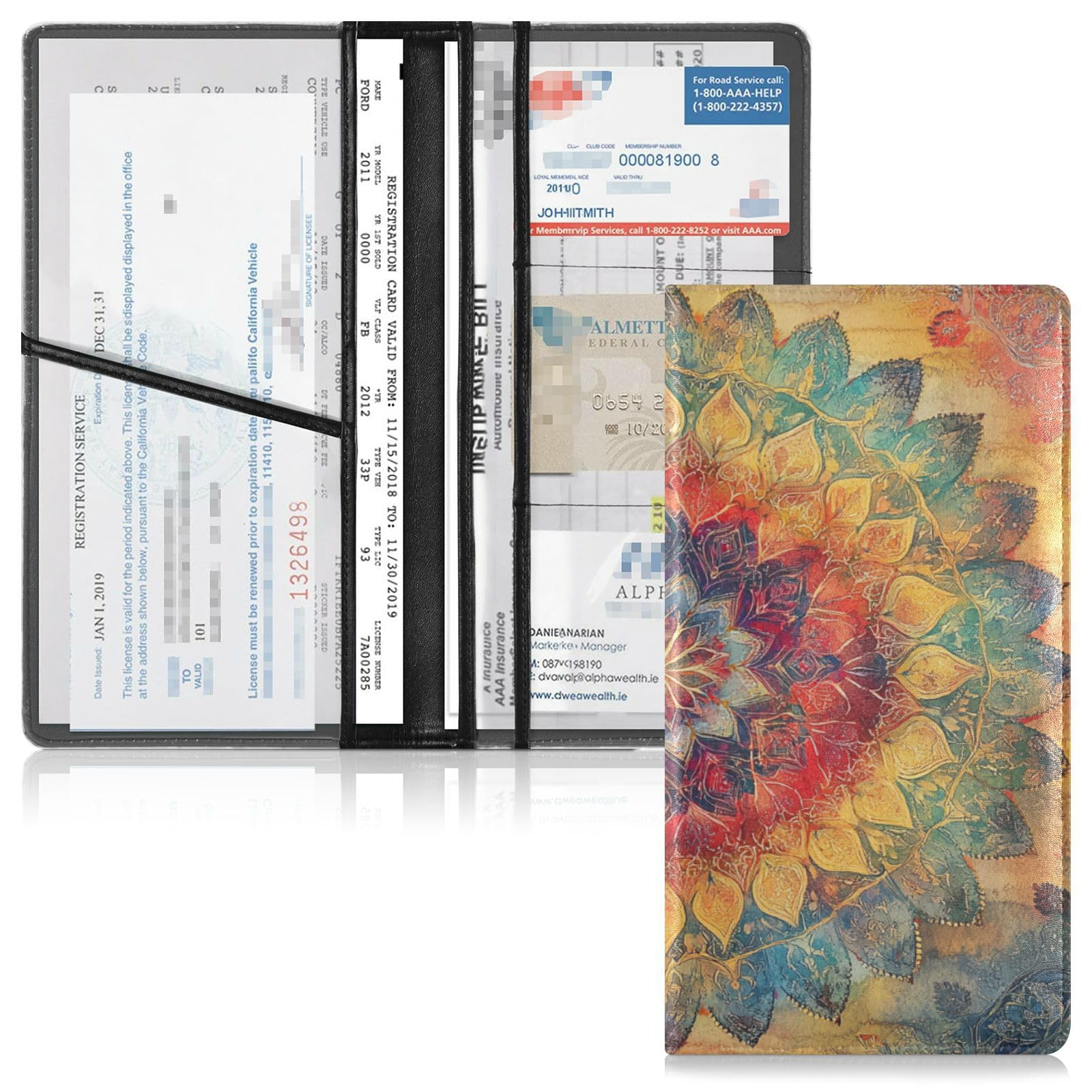 Leather Auto Registration Insurance & ID Card Holder Men Women Essential Car Wallet Case for any Car, Truck, Motorcycle, Trailer or Boat Bohemian Boho Vintage Mandala Style Flower