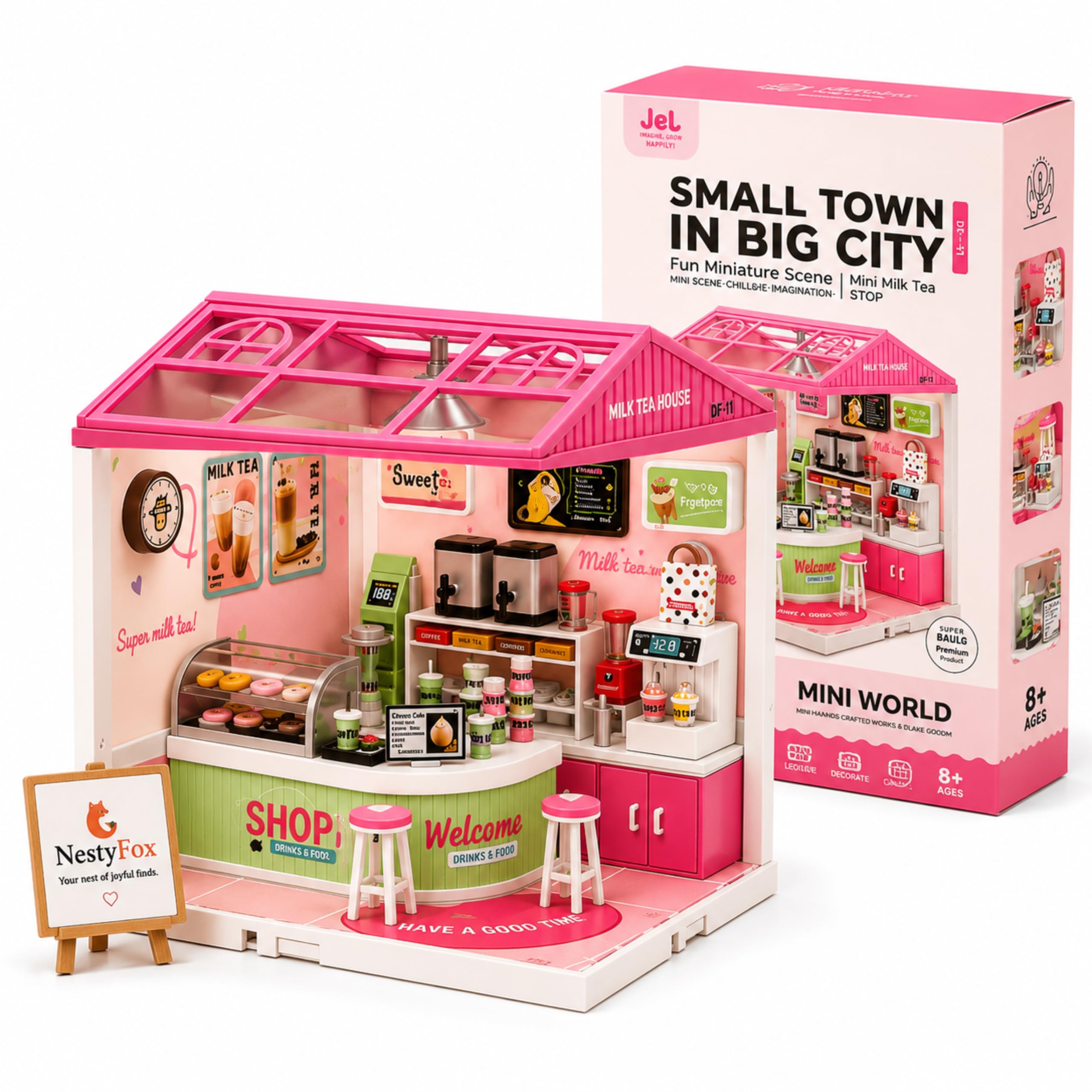 Small Town in Big City Mini Milk Tea Shop DIY Miniature House Kit with LED Light, 138 PCS Dollhouse Building Set, DIY Craft Model for Kids 8+, Teens & Adults, Home Décor Gift-image-46