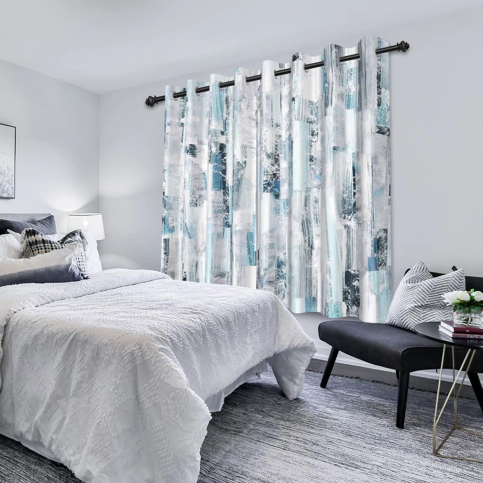 Cortinas opacas con diseño abstracto moderno, 95 % de opacidad, con estampado geométrico azul y gris, para ventana artística, para sala de estar, dormitorio y decoración. 100(W)x(H)178cmx2pcs