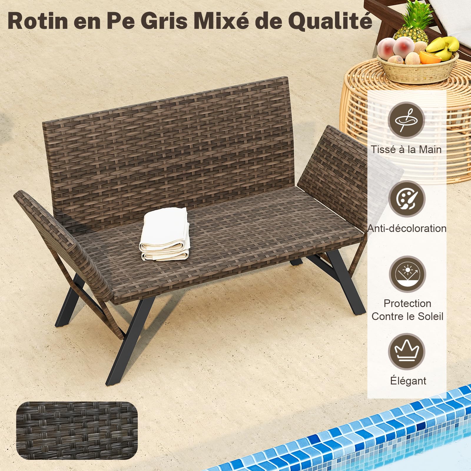 GIANTEX Canapé Jardin en Rotin 2 Places, Banquette Convertible Extérieur avec Accoudoirs Réglables, Design Tressé, Longueur 163-178cm, Charge 300 kg, Transat de Jardin pour Terrasse, Balcon, Piscine