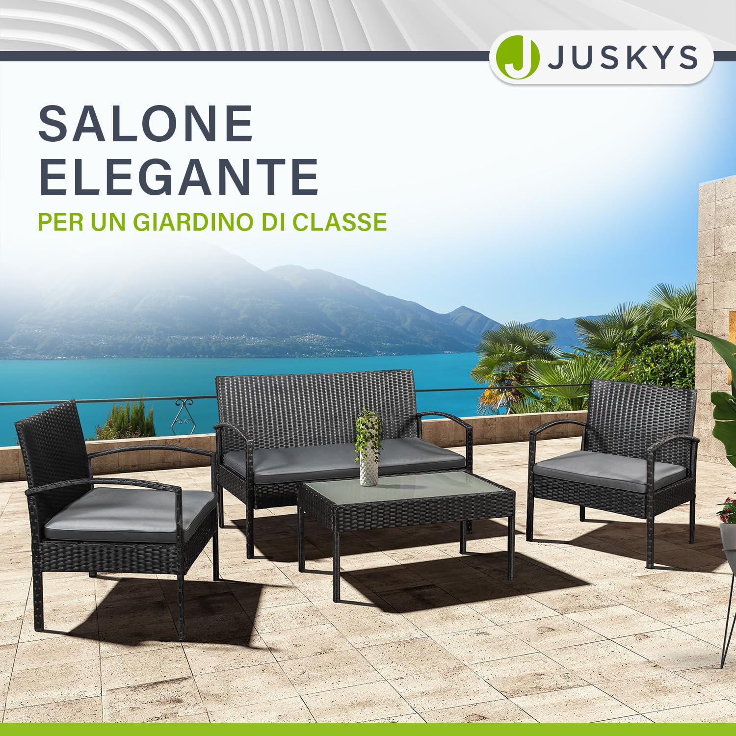 Juskys Set di mobili da giardino in polyrattan Trinidad con tavolo, divano e 2 sedie - 4 persone - Cuscini grigi - Mobili da balcone Salottino Set da balcone Giardino Balcone