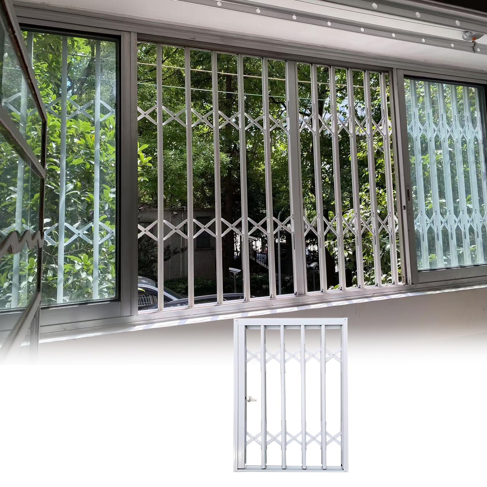 Fenstergitter Einbruchschutz Lange, Zusammenklappbare Fenstergitter mit Schloss, Fensterschutz für den Innen- und Außenbereich, Schiebetürgitter Ohne Licht- und Lufteinschluss(W110xH80cm/44x32in)