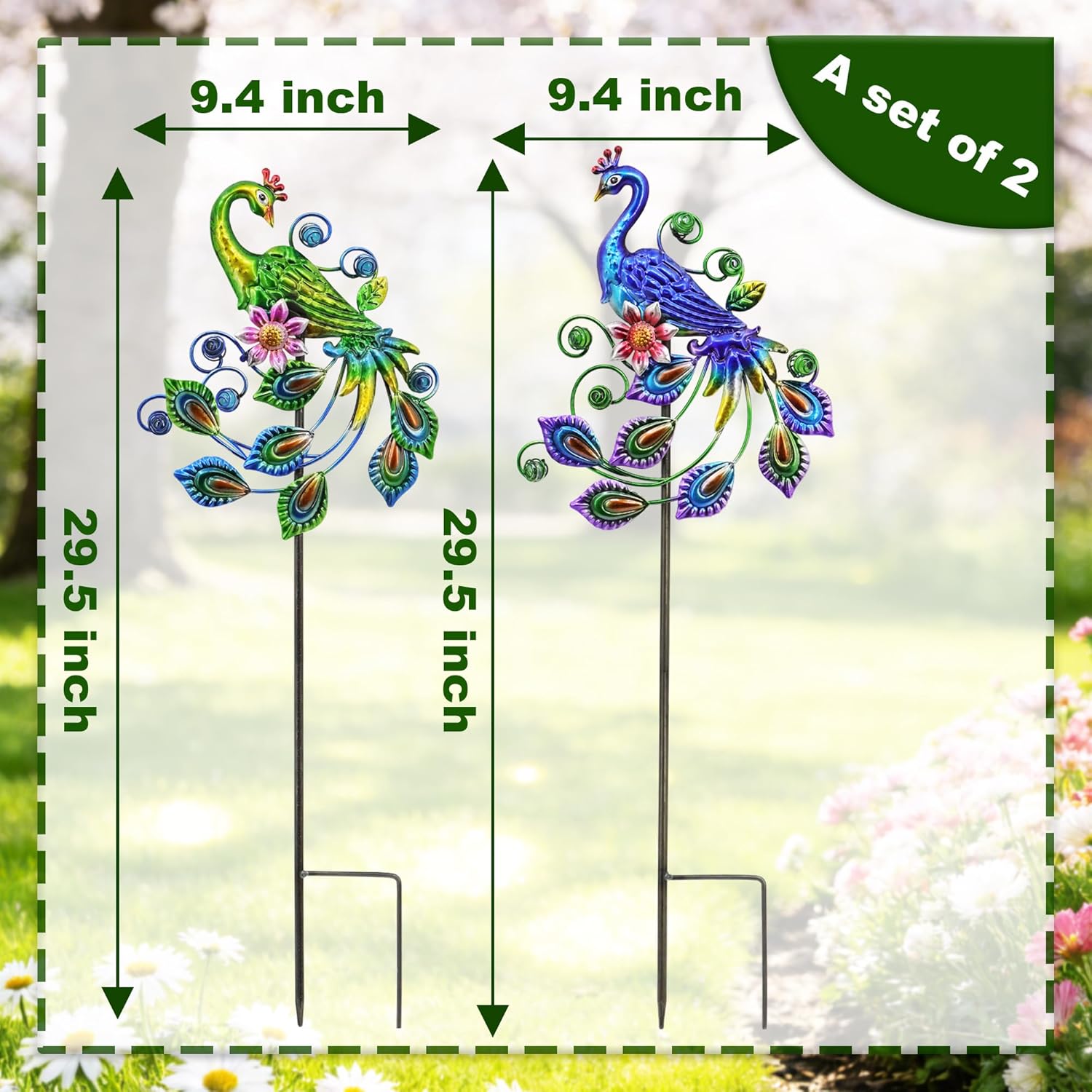 2 Pack Peacock Metal Decorative Garden Stakes - 29.5 Inch Patio Decor Art and Rust Resistant Metal Garden Decor for Indoor and Outdoor Decor - Perfect for Patio and Lawn Ornaments