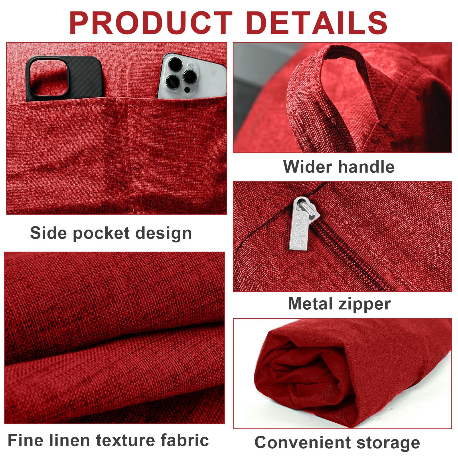 Pouf XL Bean Bag 100 x 120 cm rosso rivestimento esterni con chiusura lampo