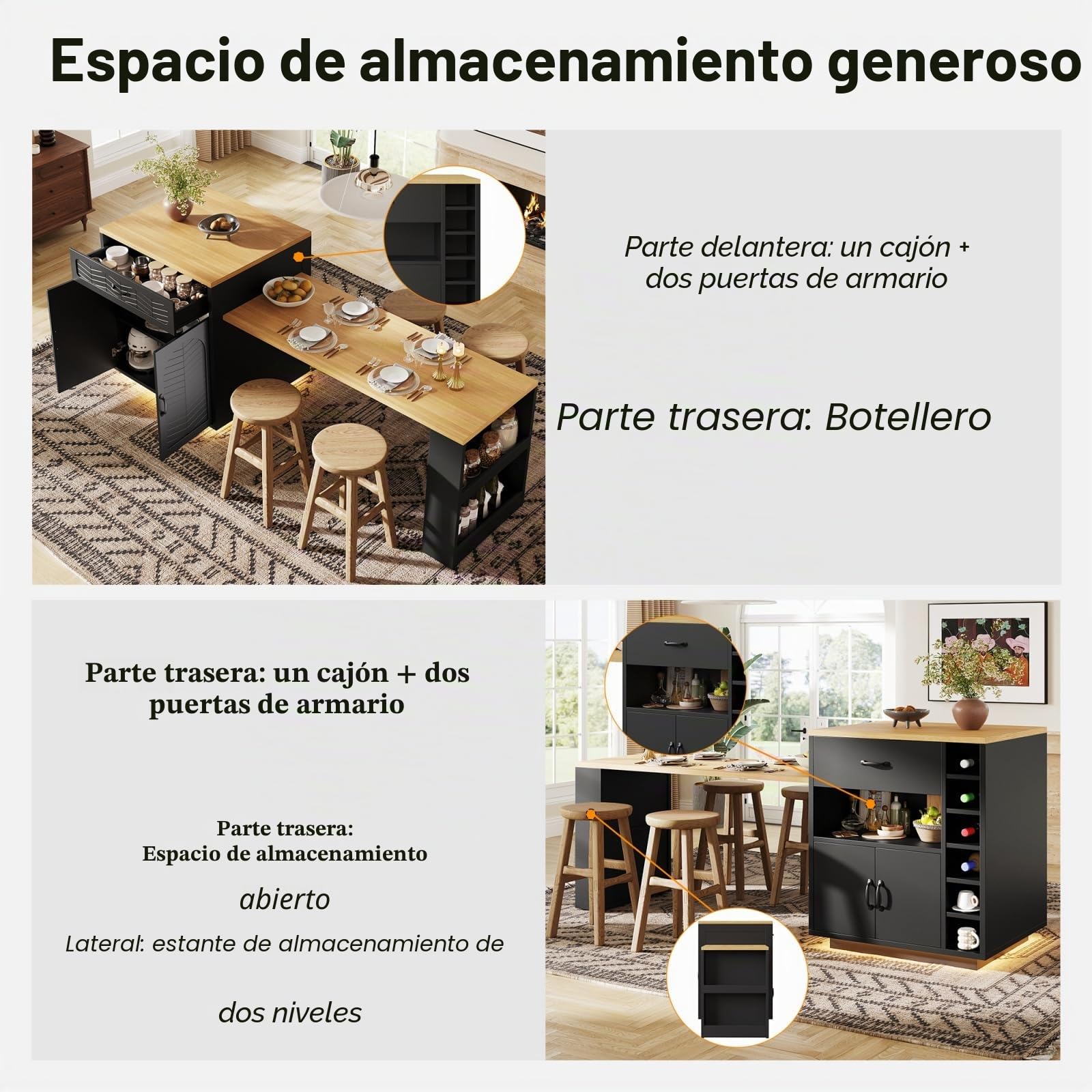YEHTOKHOME Isla Central Cocina con encimera extensible 140-193 cm, mesa de bar con almacenamiento, 2 cajones y 4 puertas, armario de vino, iluminación LED, para 4-6 personas, comedor (negro)