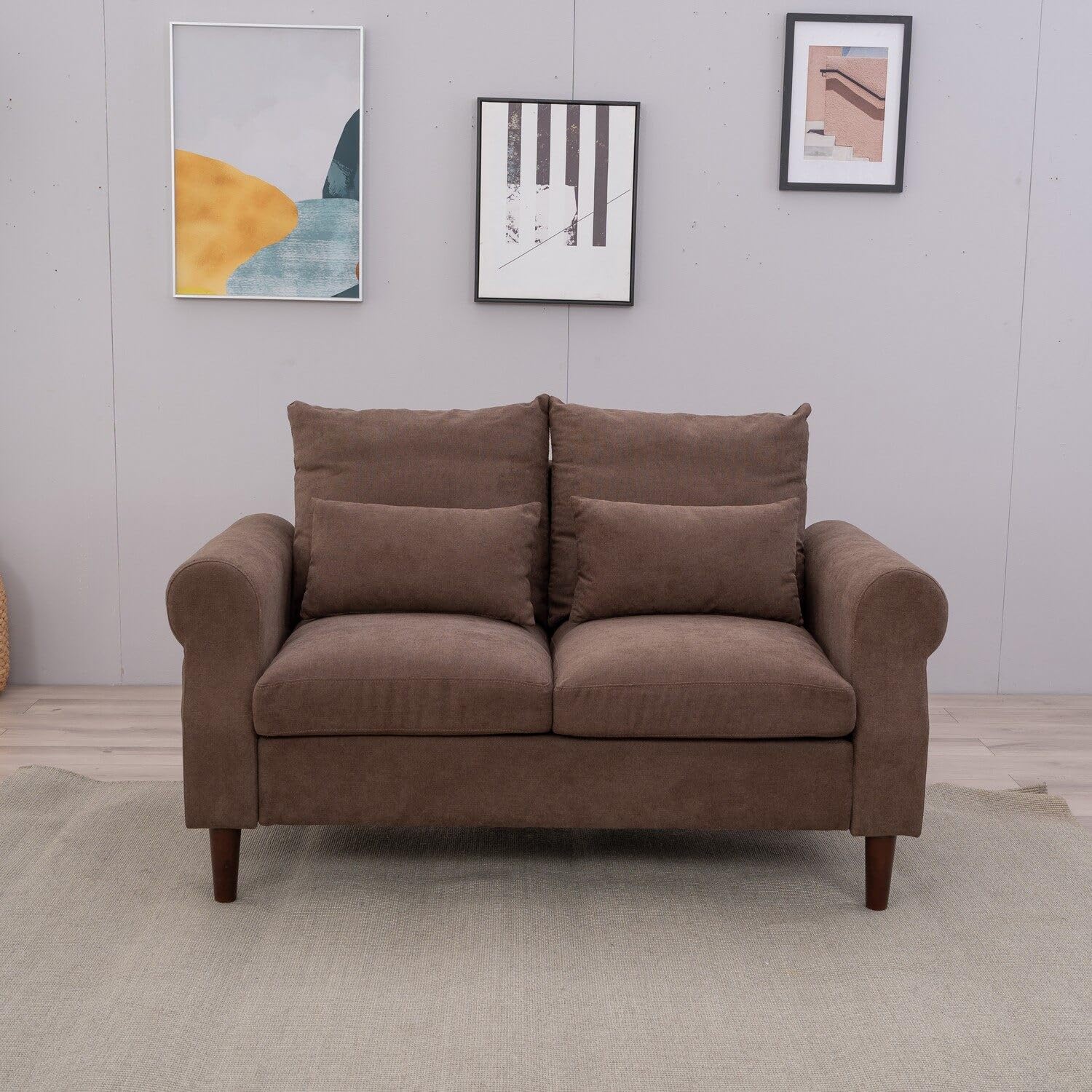 Panana 2 Seate Compact Loveseat Couch Living Room Furniture With Wood Legs, Brown Linen Fabric