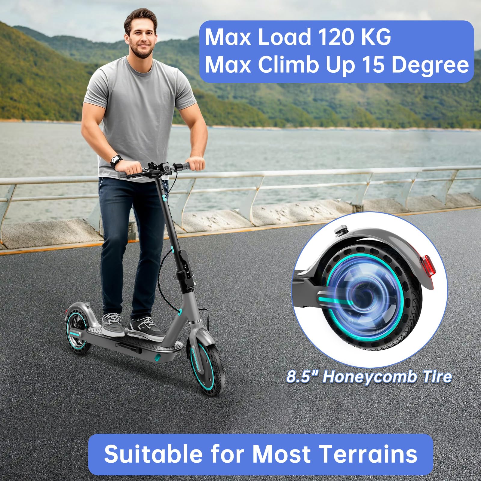Trottinette Électrique Adulte, Moteur de 350W, Vitesse Max 25 km/h, 3 Modes de Vitesse, Autonomie 30-35KM Batterie 36V 10.5Ah, Pneus Solides 8.5'', Double Frein, APP