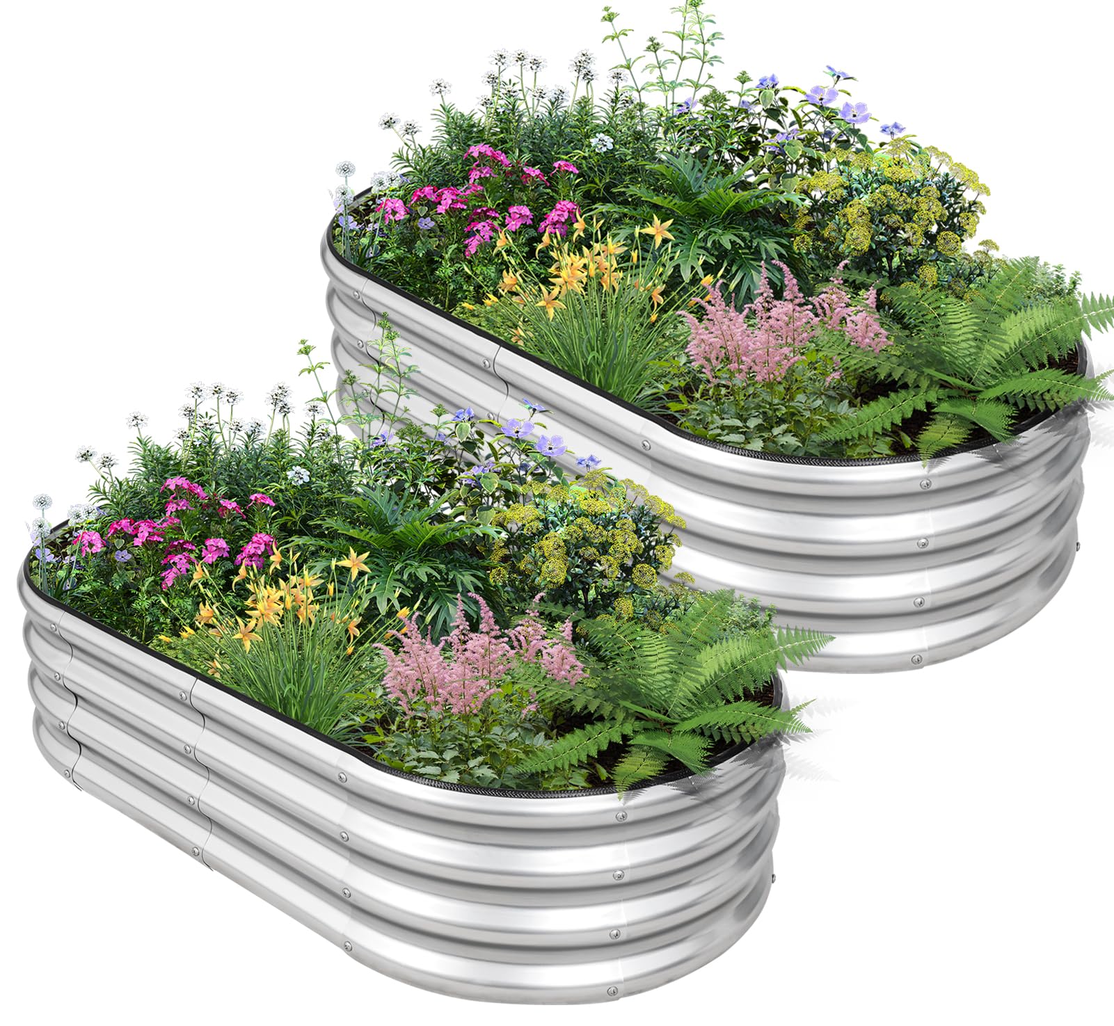 Galvanized Raised Garden Bed - 4×2×1ft (2 Packs) Planter Raised Beds for Gardening | Oval Metal Garden Planter Box with Safety Edging and Gloves for Vegetables Fruits and Flower - Silver