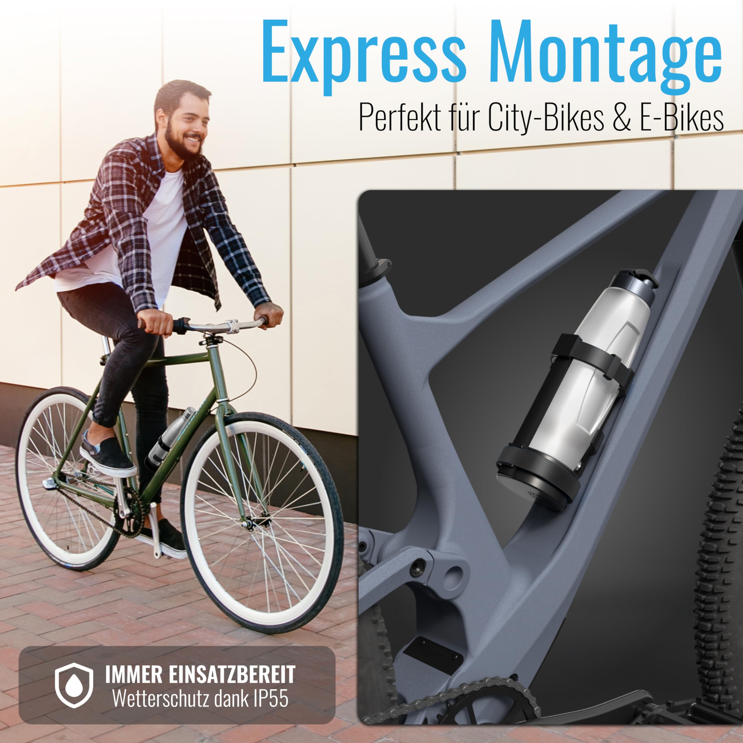 Parkwächter B1 Fahrrad Alarmanlage mit Flaschenhalter – AirTag Halterung, IP55 wasserdicht – Alarmanlage Fahrrad Diebstahlschutz – für E-Bike und Citybike – Schwarz