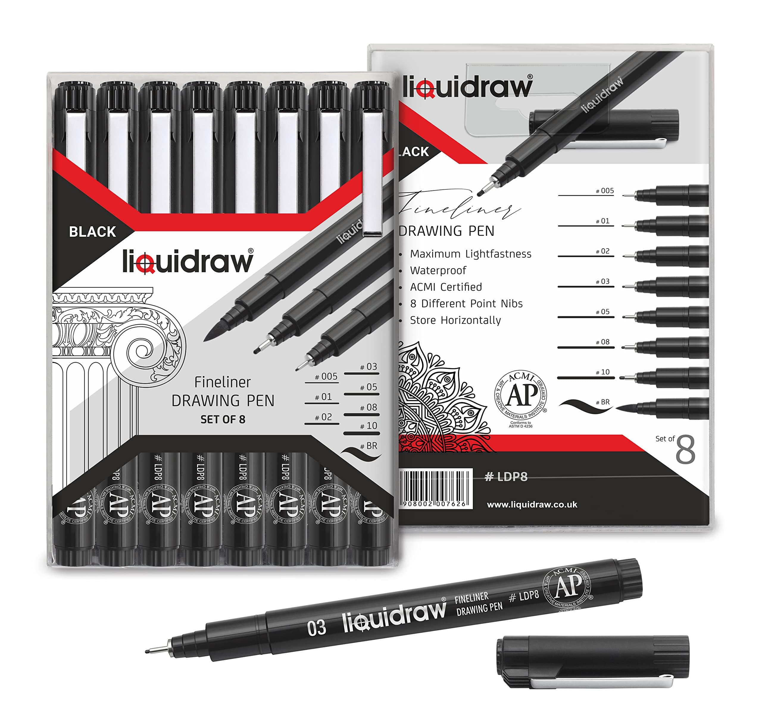 Liquidraw Drawing Pens - Set of 8 | Black Fineliner Pens with Brush Tip | Waterproof Ink for Artists, Architects & Students | For Technical Drawing, Sketching, Writing, Calligraphy & Illustration