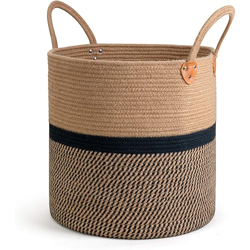 CHICVITA Extra Large Jute Woven Storage Basket with Handles – Laundry Basket Toy Towels Blanket Basket Home Decor Gift, 16" x 16", Black