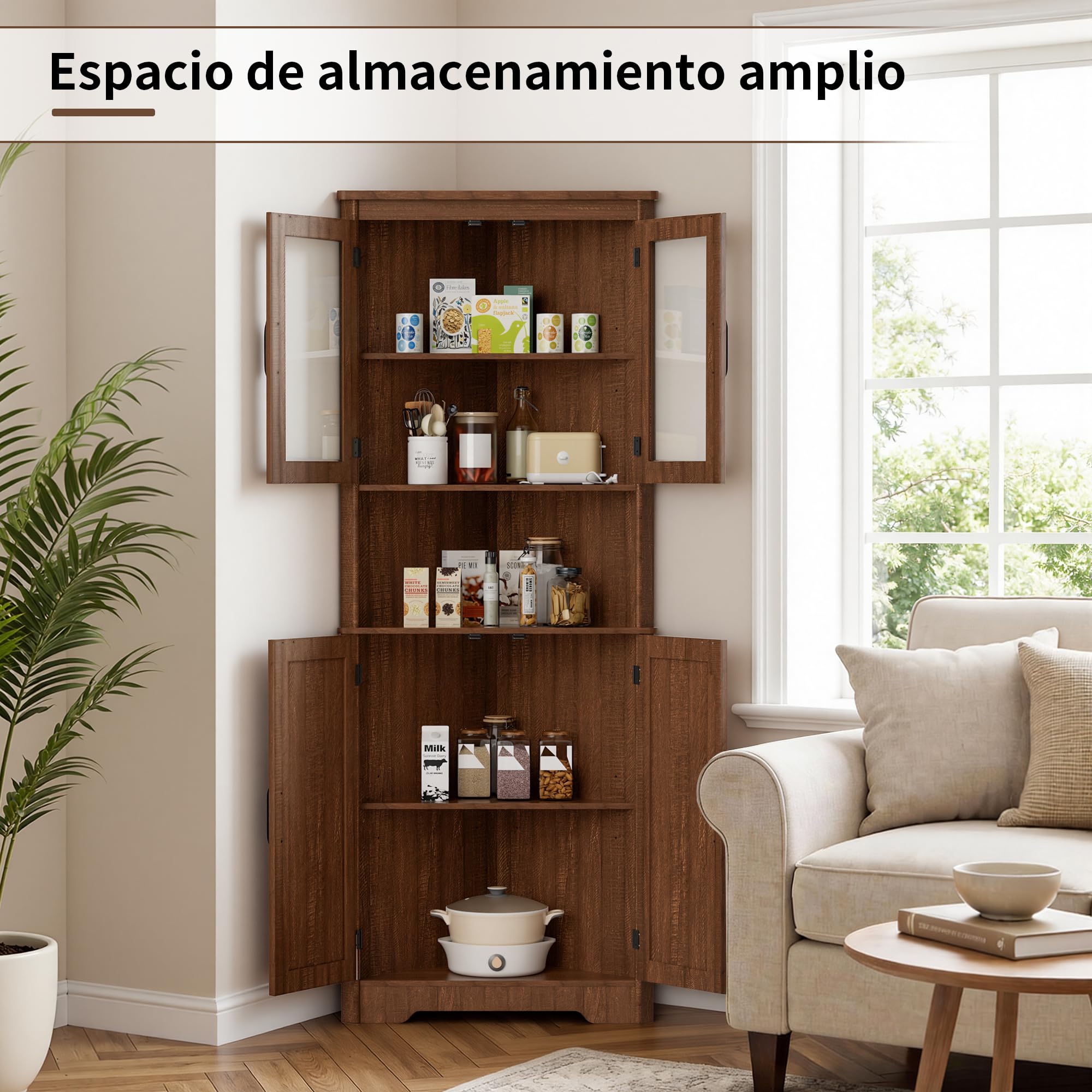 BonVache Armario de esquina alto y estrecho para el baño con 2 puertas y 5 estantes, armario de almacenamiento para cocina, dormitorio, sala de estar, estante de esquina de 170 cm, marrón