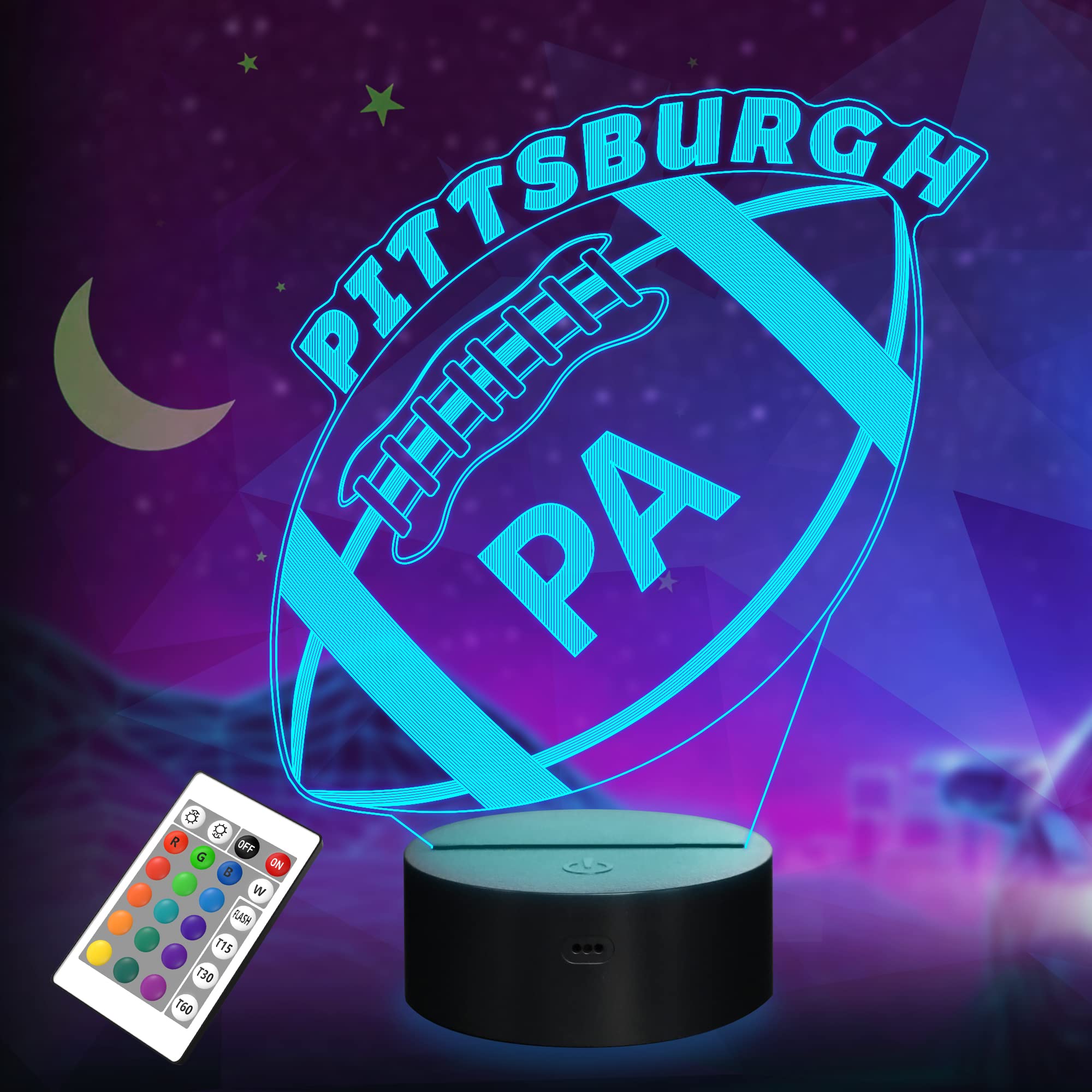 3D Football Pittsburgh Night Light, Football Gifts, 3D Illusion Light Boy Gift 16 Colors Changing Remote Control Children's Room Lighting Ball Decoration (Pittsburgh Multicoloured)